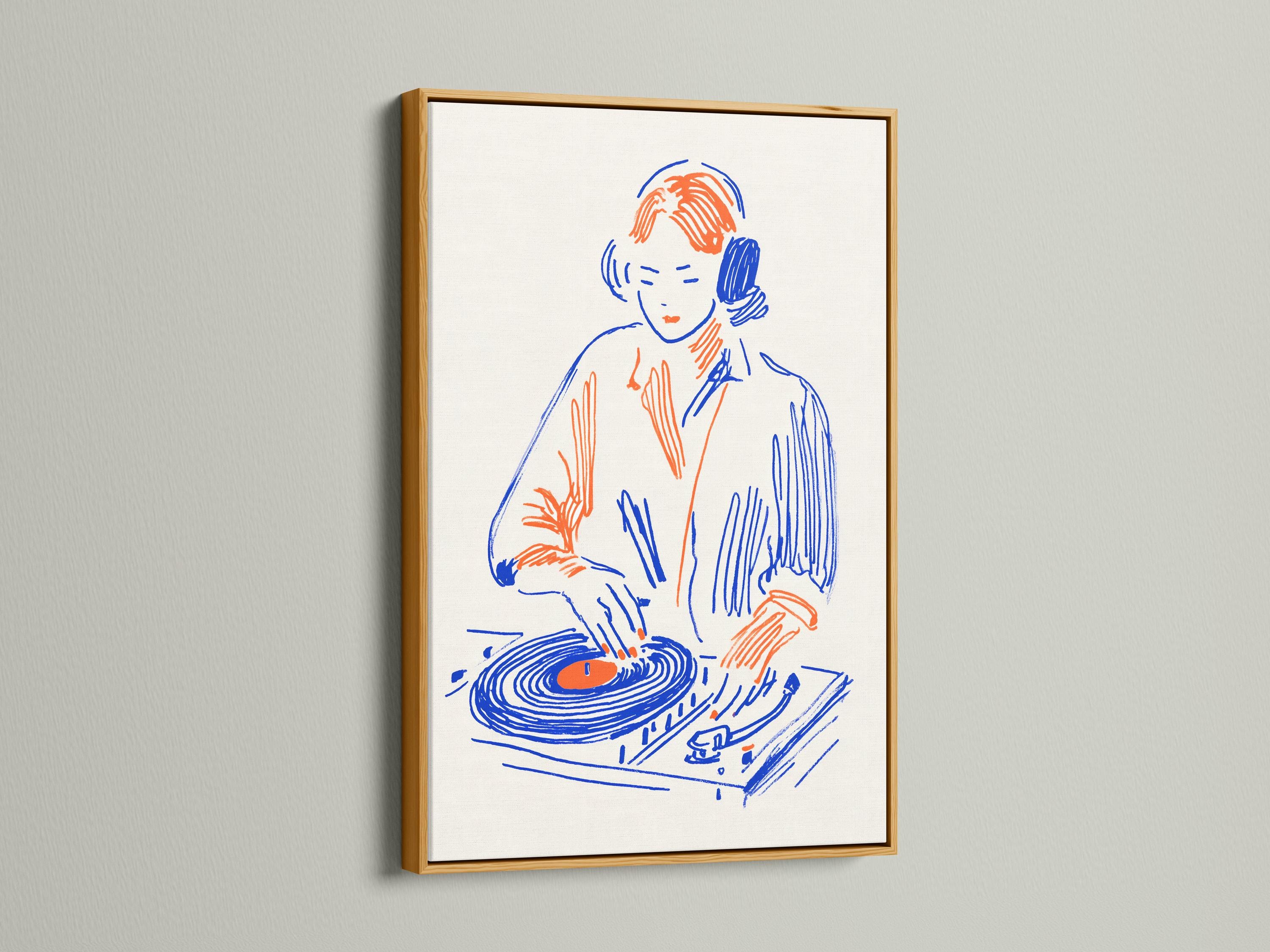Stylised DJ portrait wearing headphones with a blue and orange turntable illustration detail view