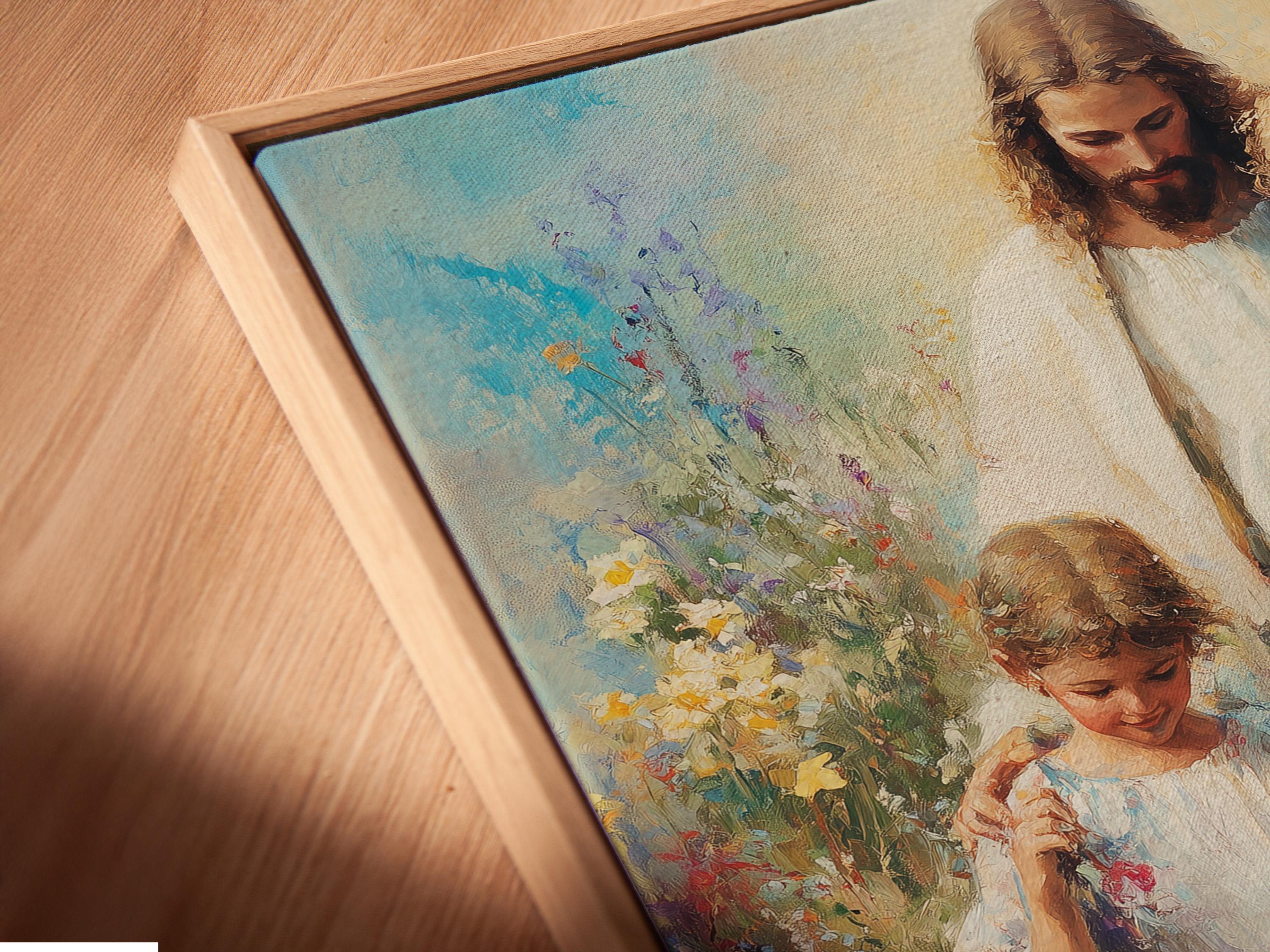 Painterly religious scene of a bearded adult holding a child in a colourful flower meadow detail view