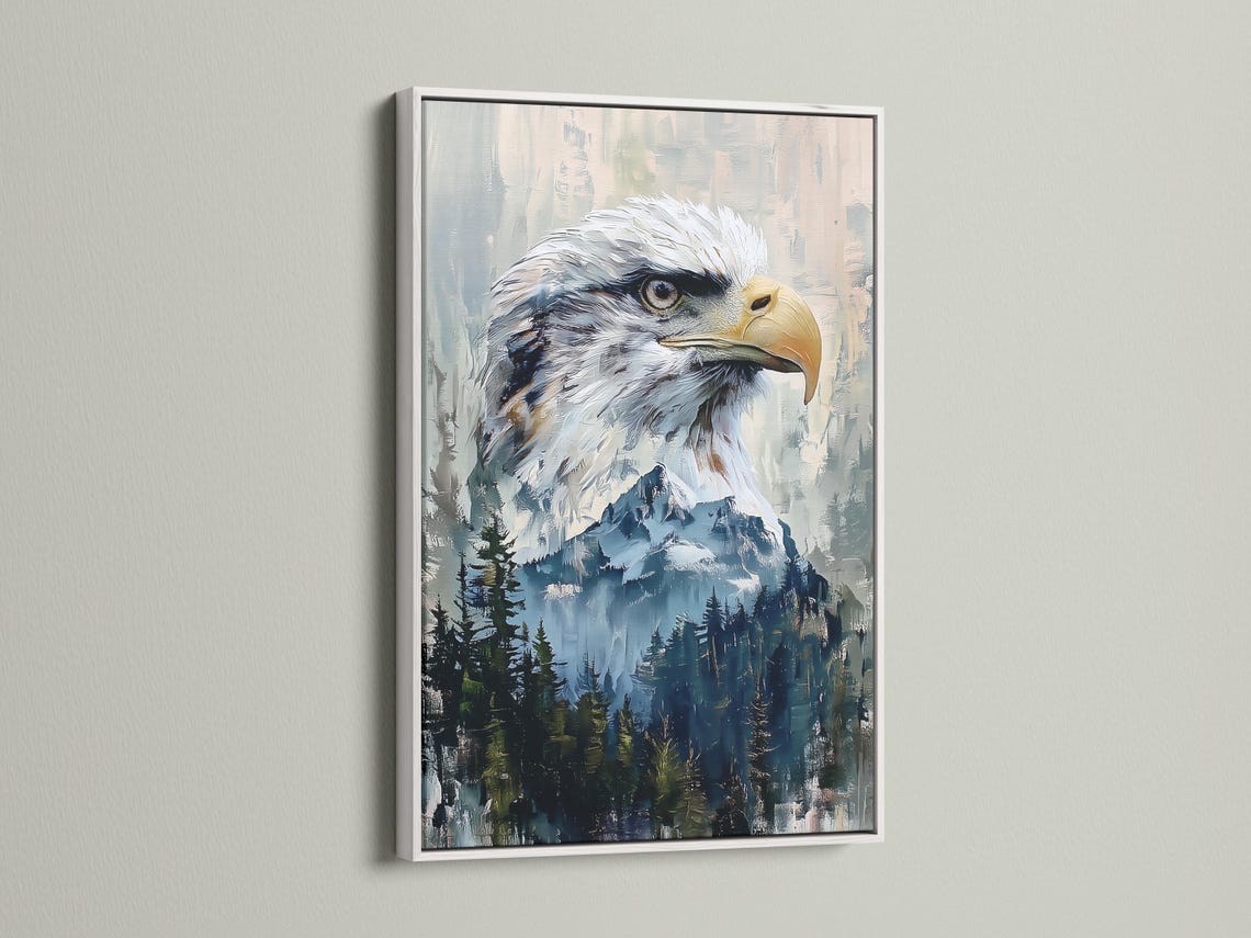 A framed eagle artwork on a wall with several framed mockups beside it