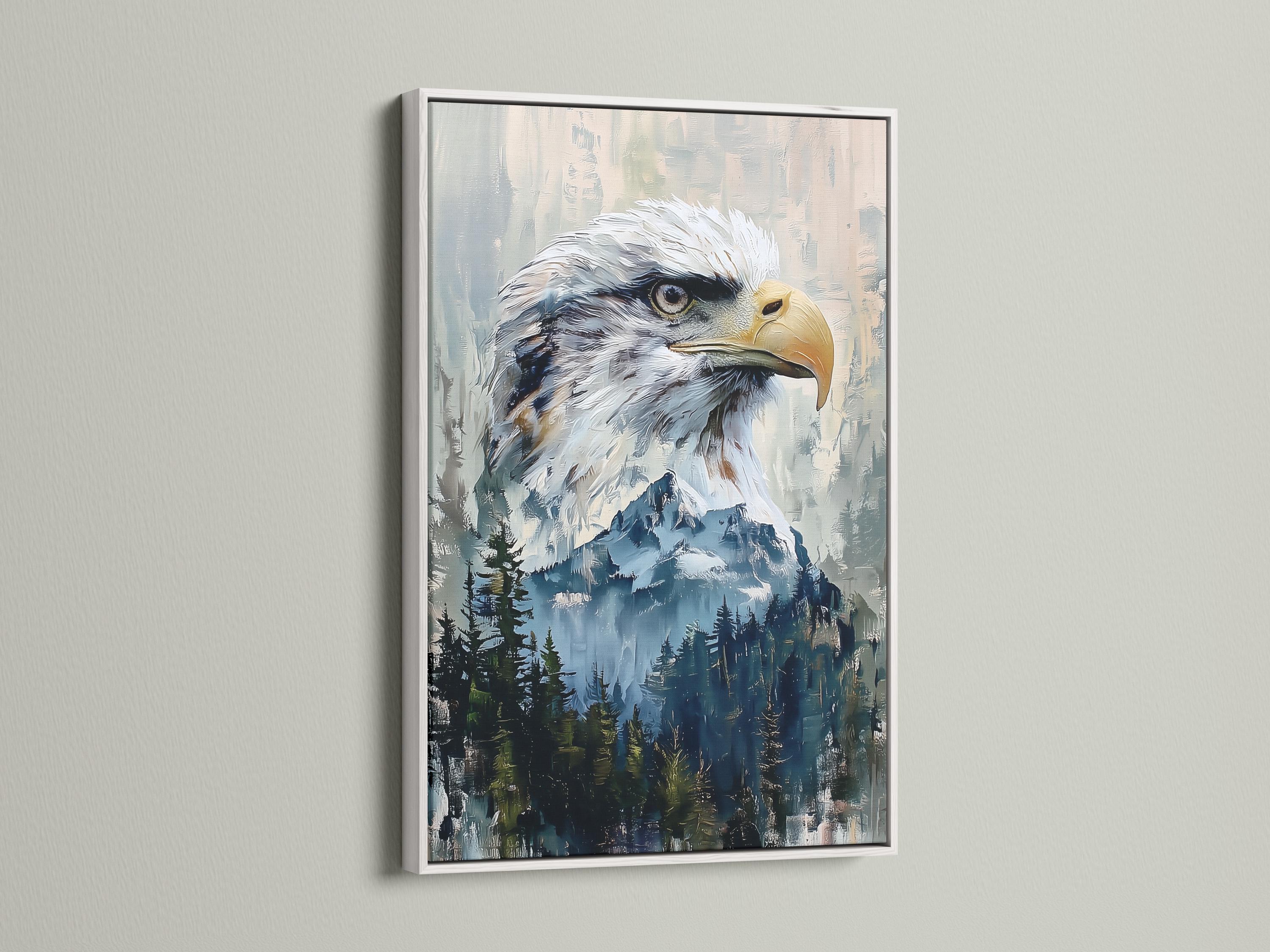 A framed eagle artwork on a wall with several framed mockups beside it