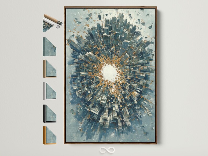 Abstract city tunnel artwork with radiating blue-grey buildings and warm gold accents