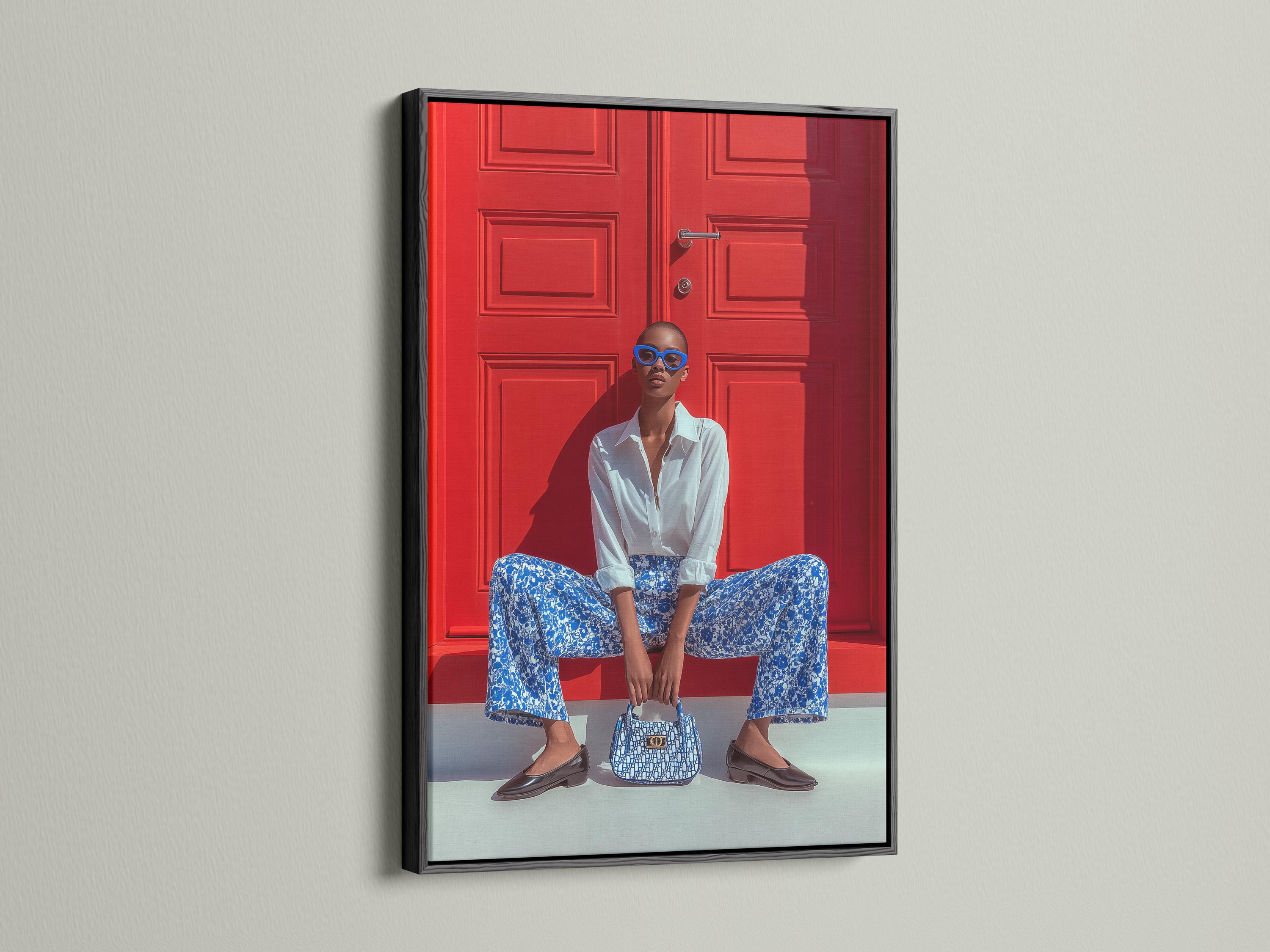 Seated fashion portrait with blue glasses in front of a red door backdrop detail view