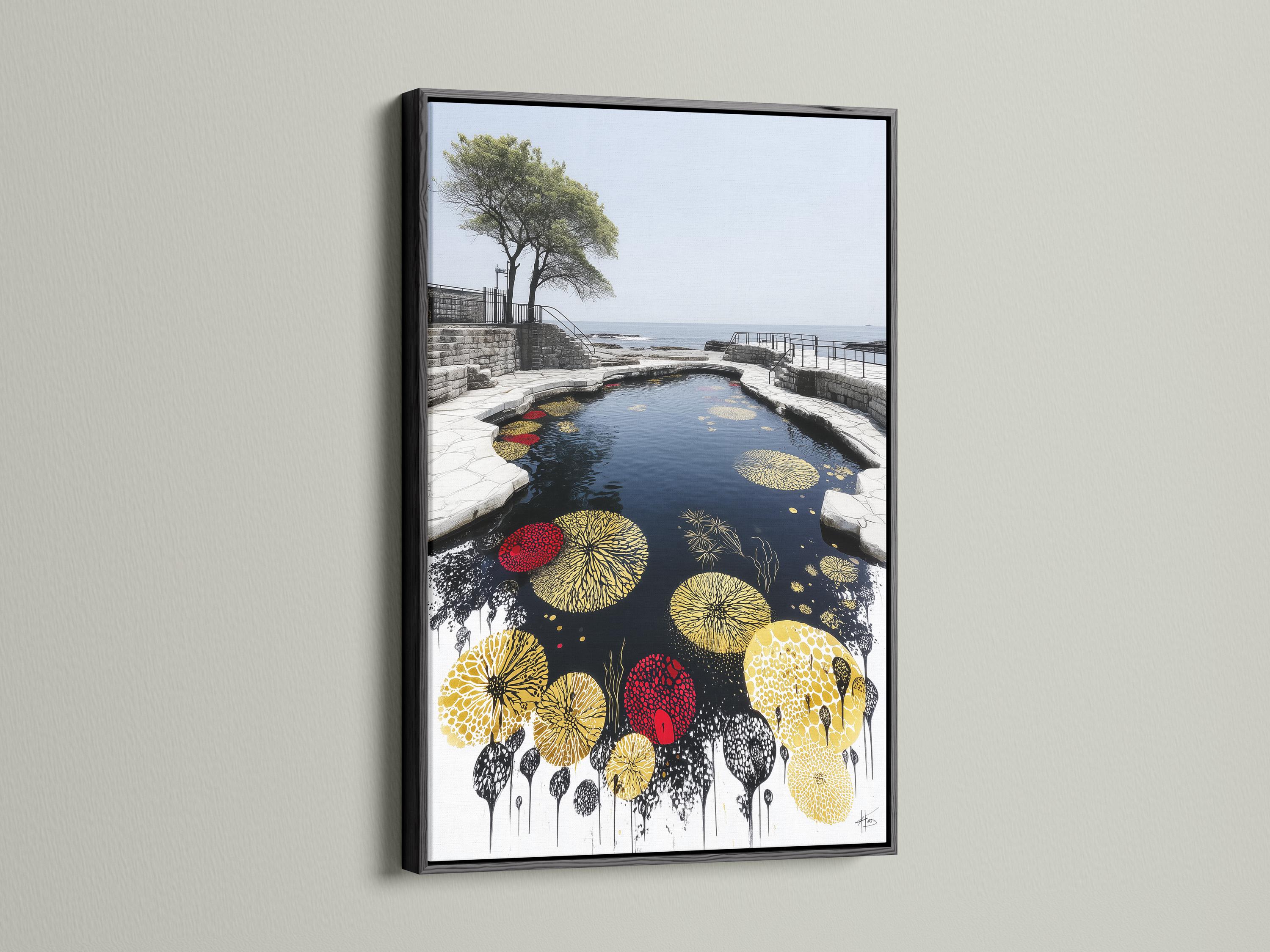 Portrait artwork showing a pond or water channel with floating lily pads in gold and yellow and dark ink splashes detail view