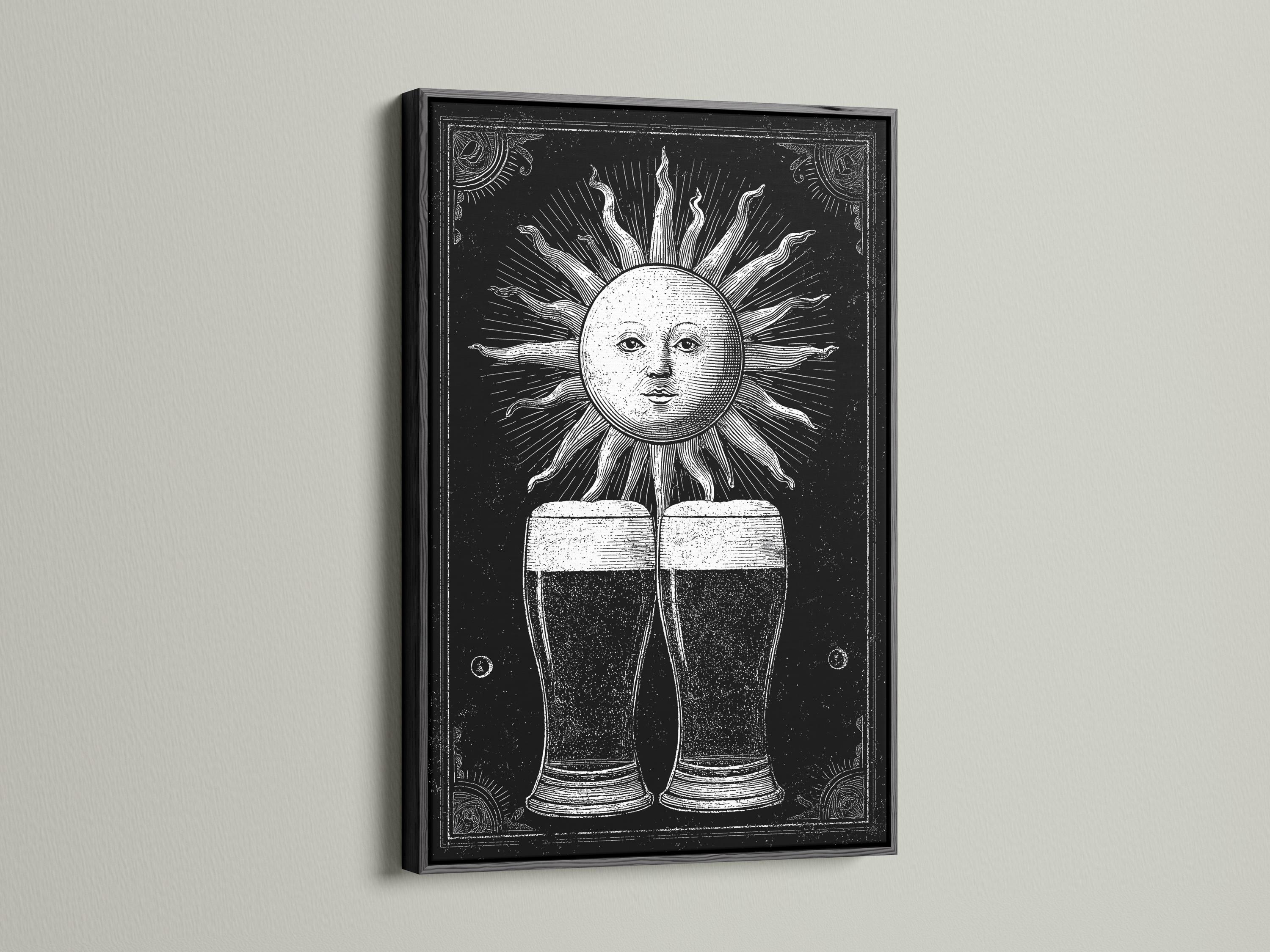 Black and white illustration of a sun face with rays above two beer glasses detail view