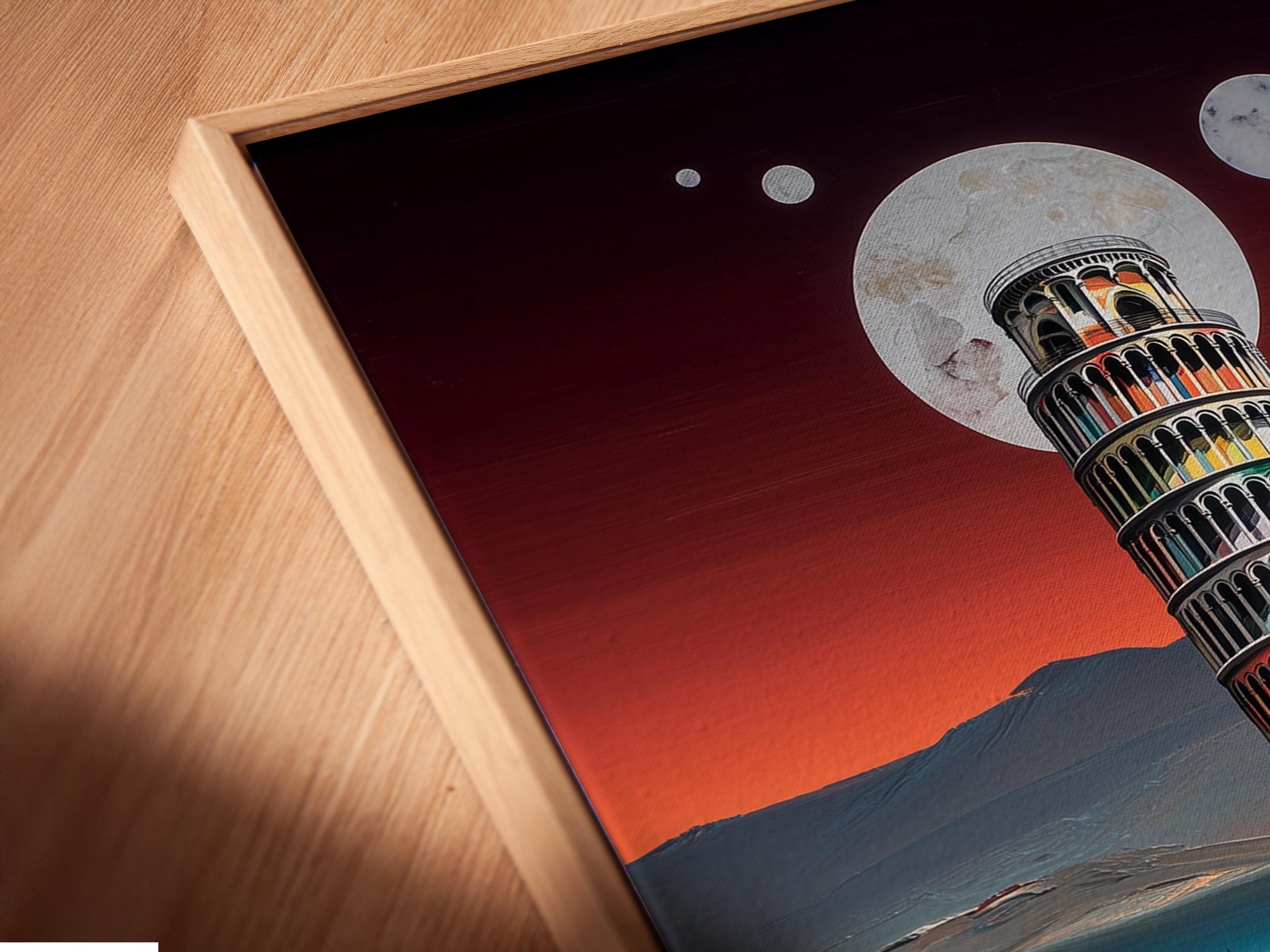 Leaning tower under a moonlit sunset sky with geometric shapes in the foreground detail view