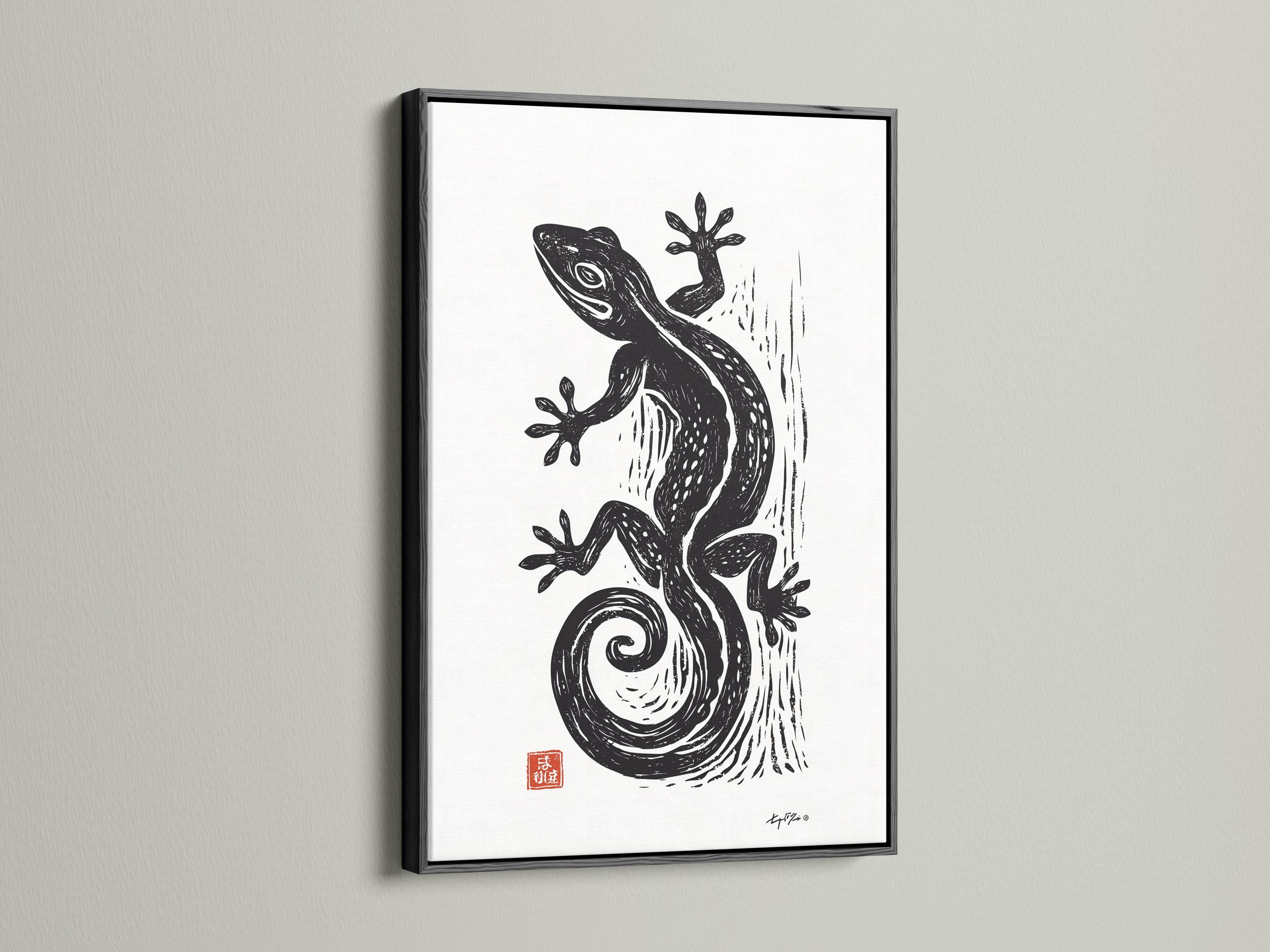 Room mockup showing framed lizard illustration on a wall with small red seal detail