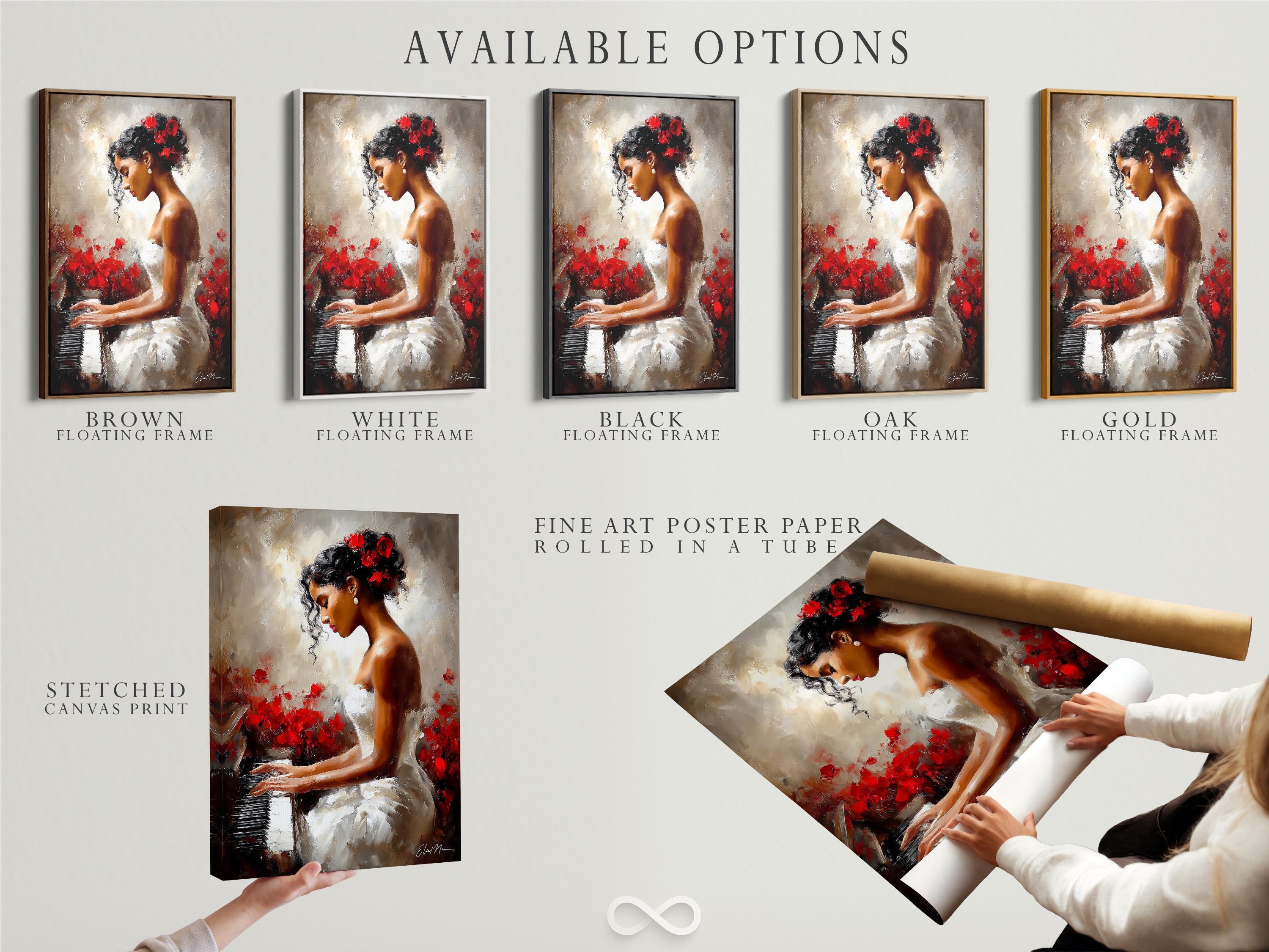 A framed artwork of a woman playing a piano with red flowers displayed in a room