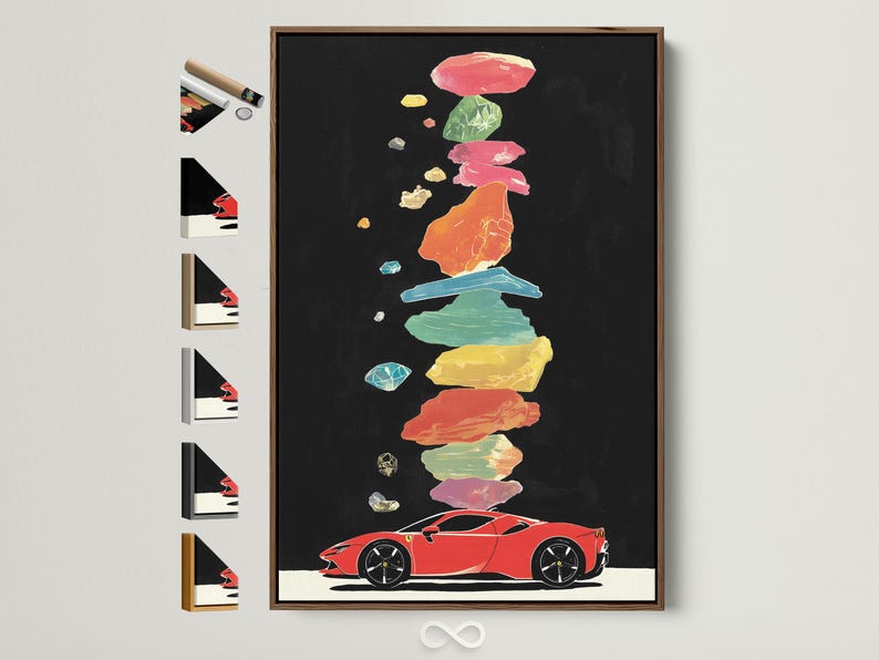 Stylised red sports car with multicolour floating fragments on a dark background