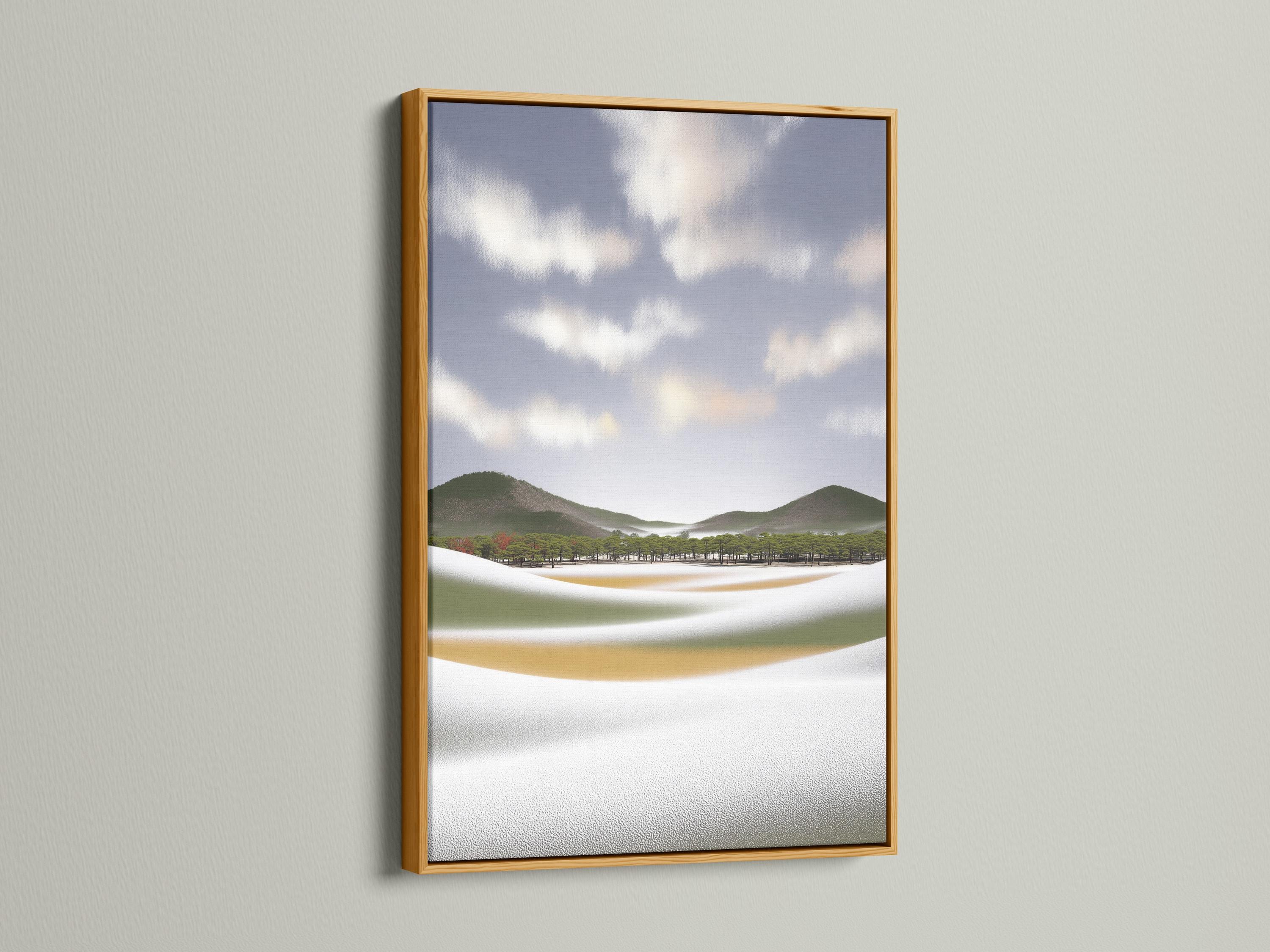 Neutral meadow landscape with rolling green hills, trees, and a misty cloud sky detail view
