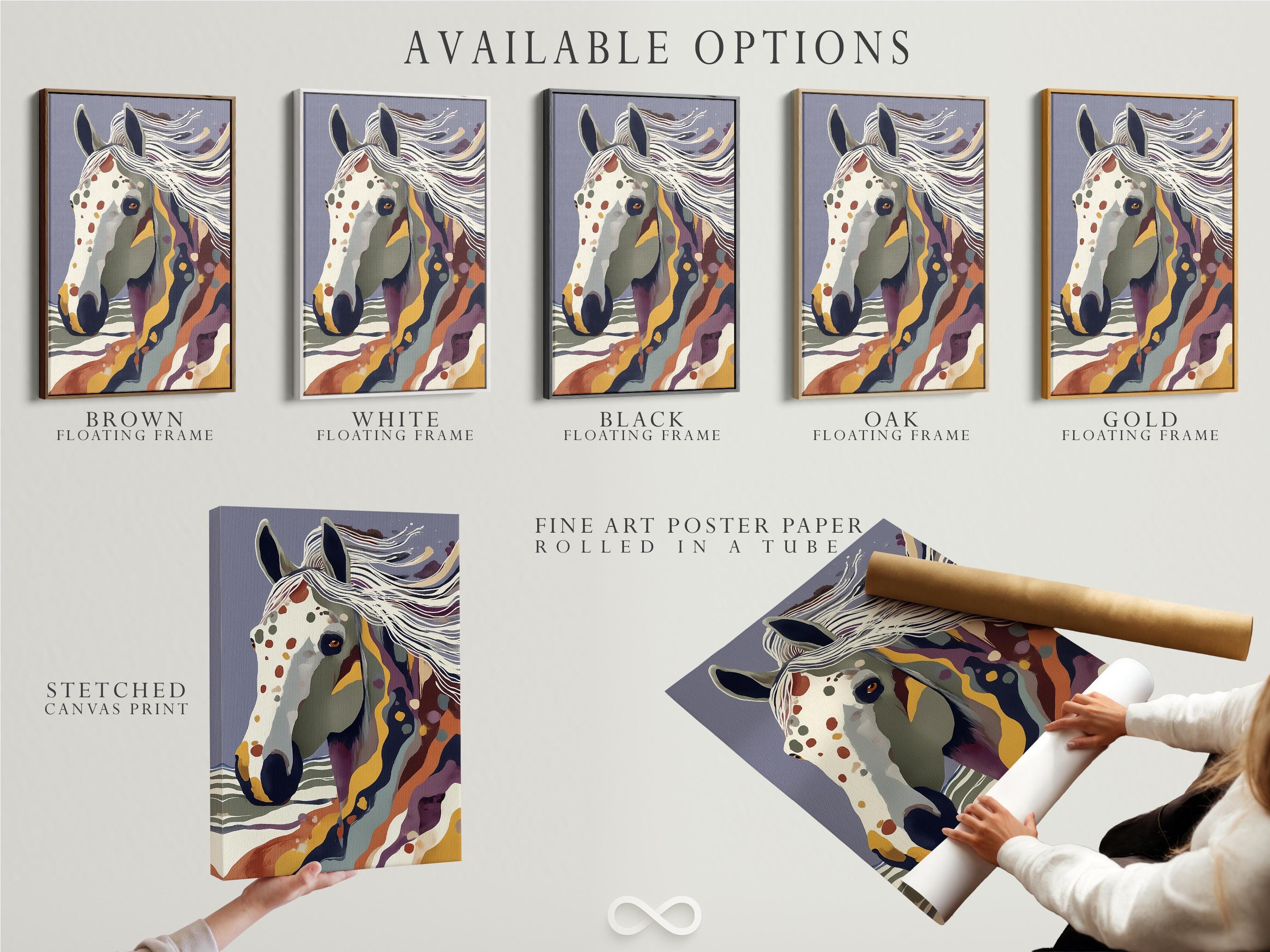 Stylised horse portrait with flowing stripes in blue, purple, cream and gold tones detail view