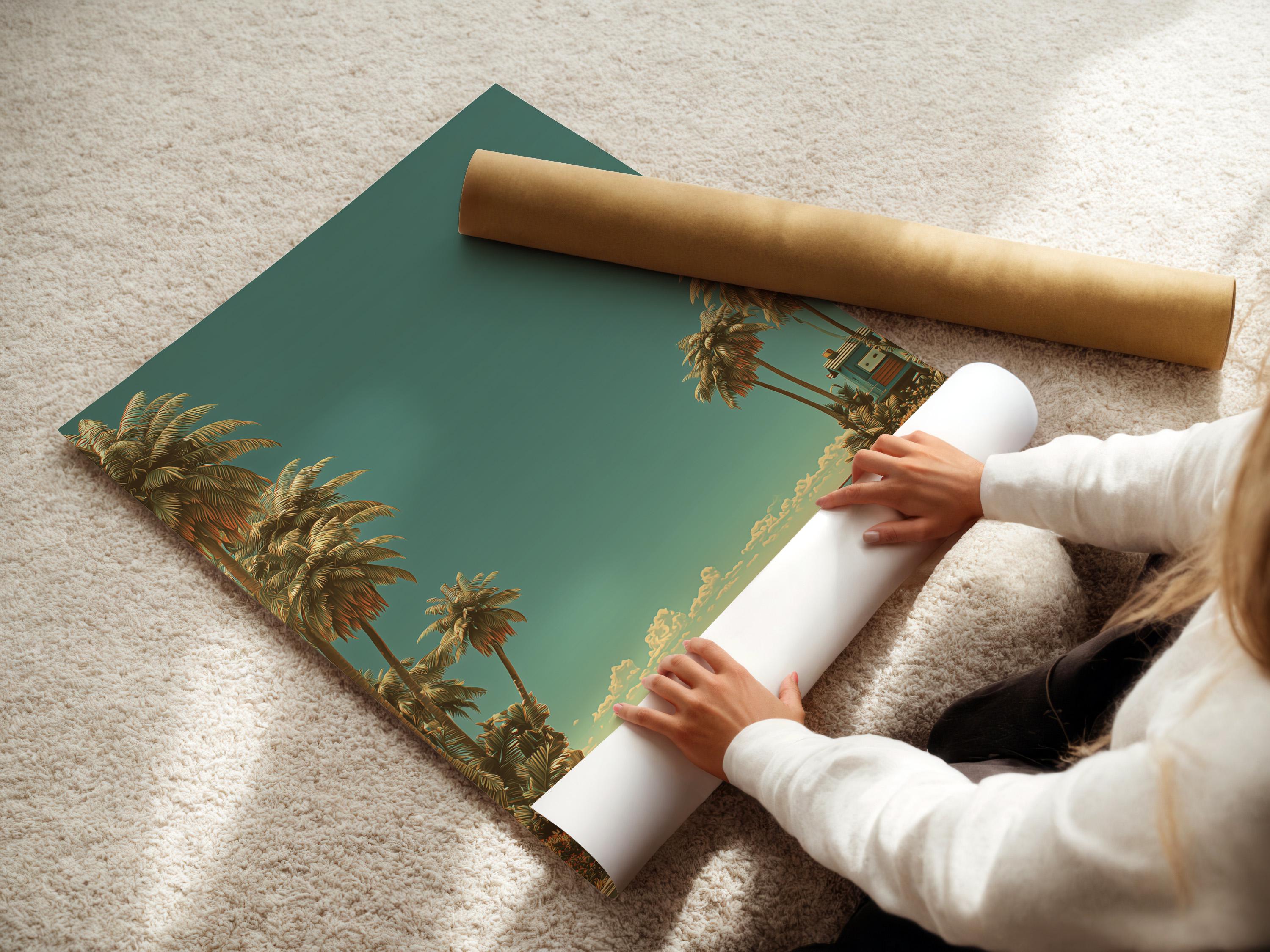 Mockup showing a framed tropical beach artwork on a wall