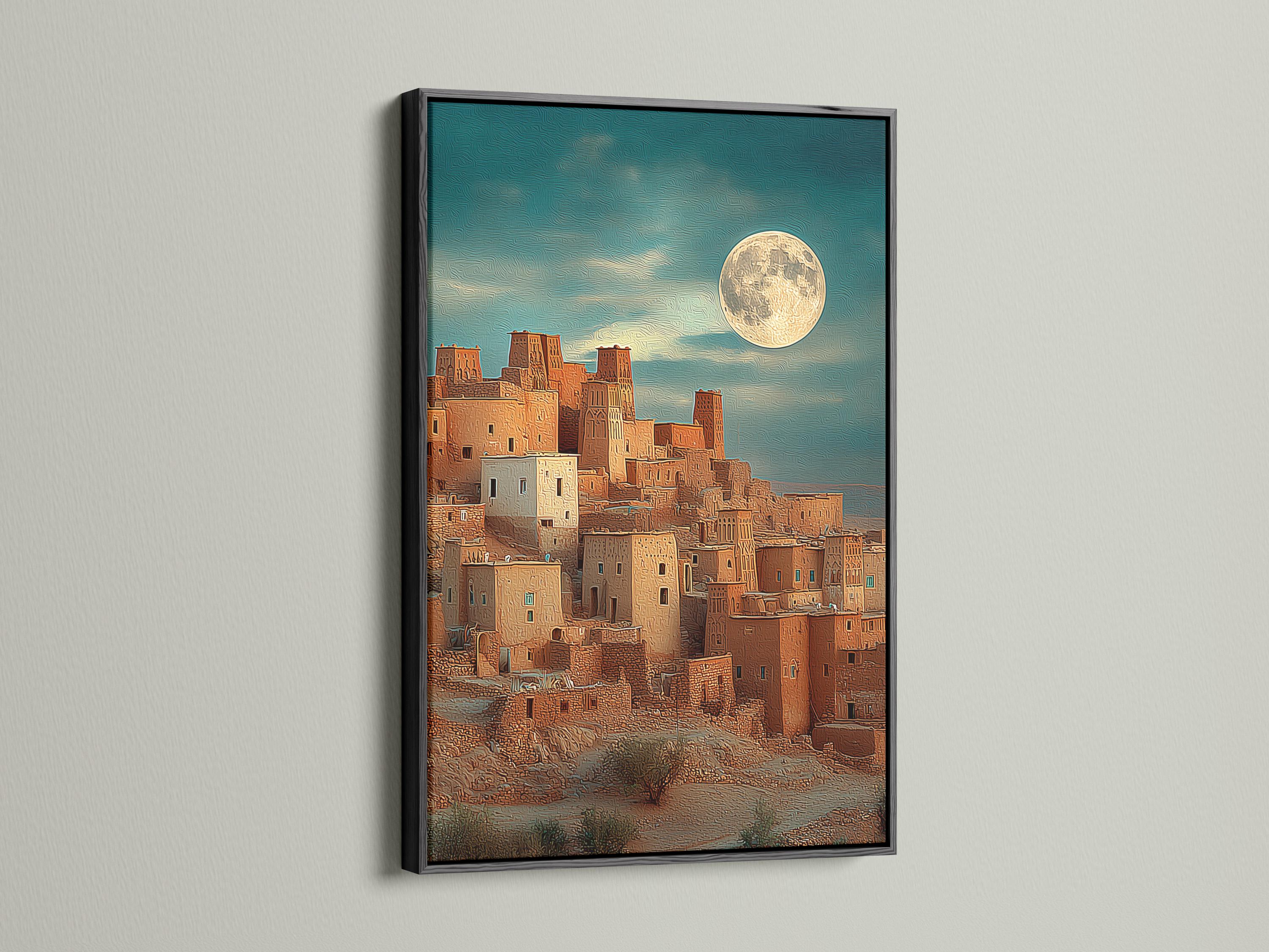 Moonlit desert village with warm buildings and a glowing full moon in a textured teal sky detail view