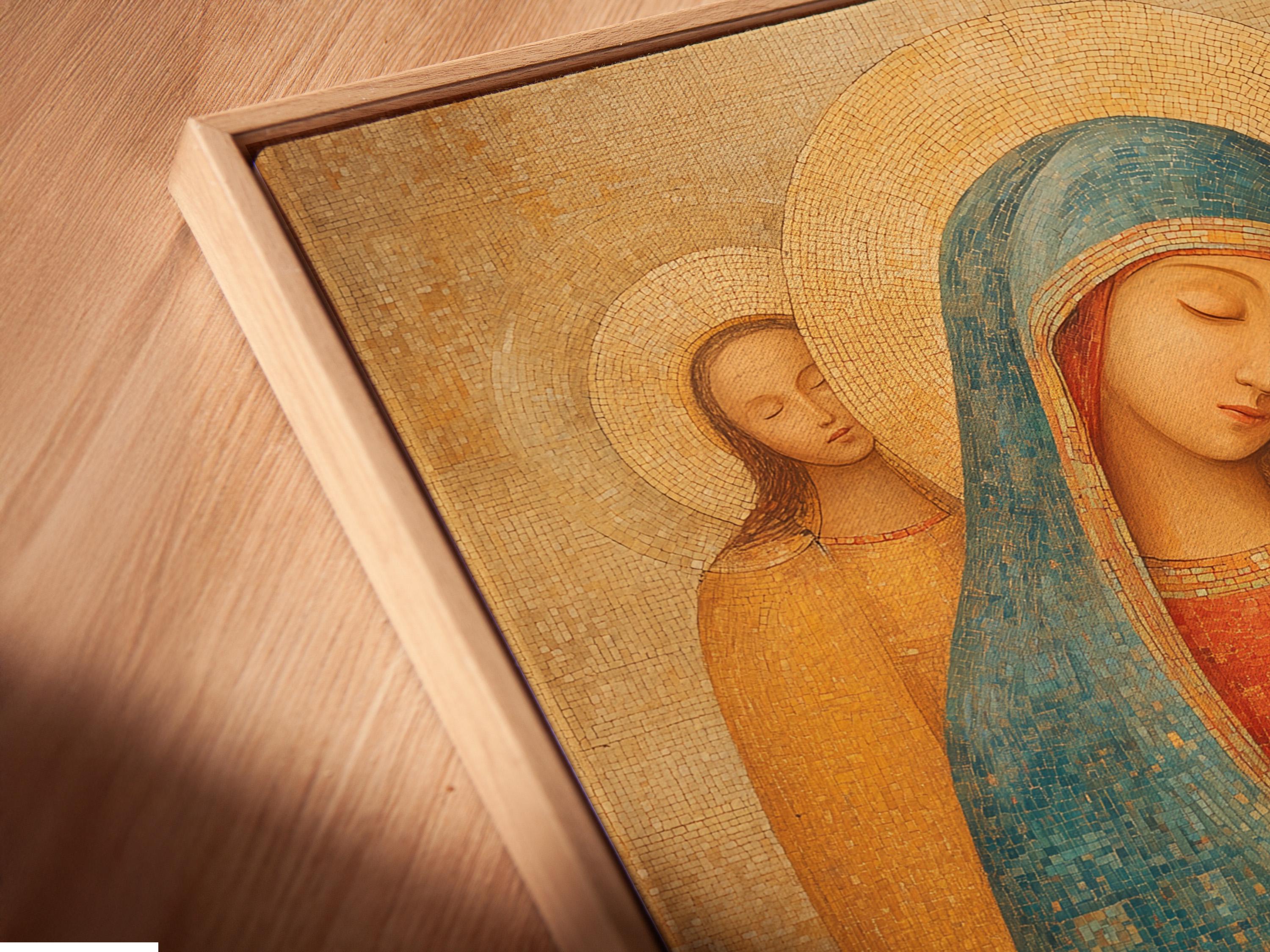 Room mockup showing framed Madonna and Child religious icon artwork