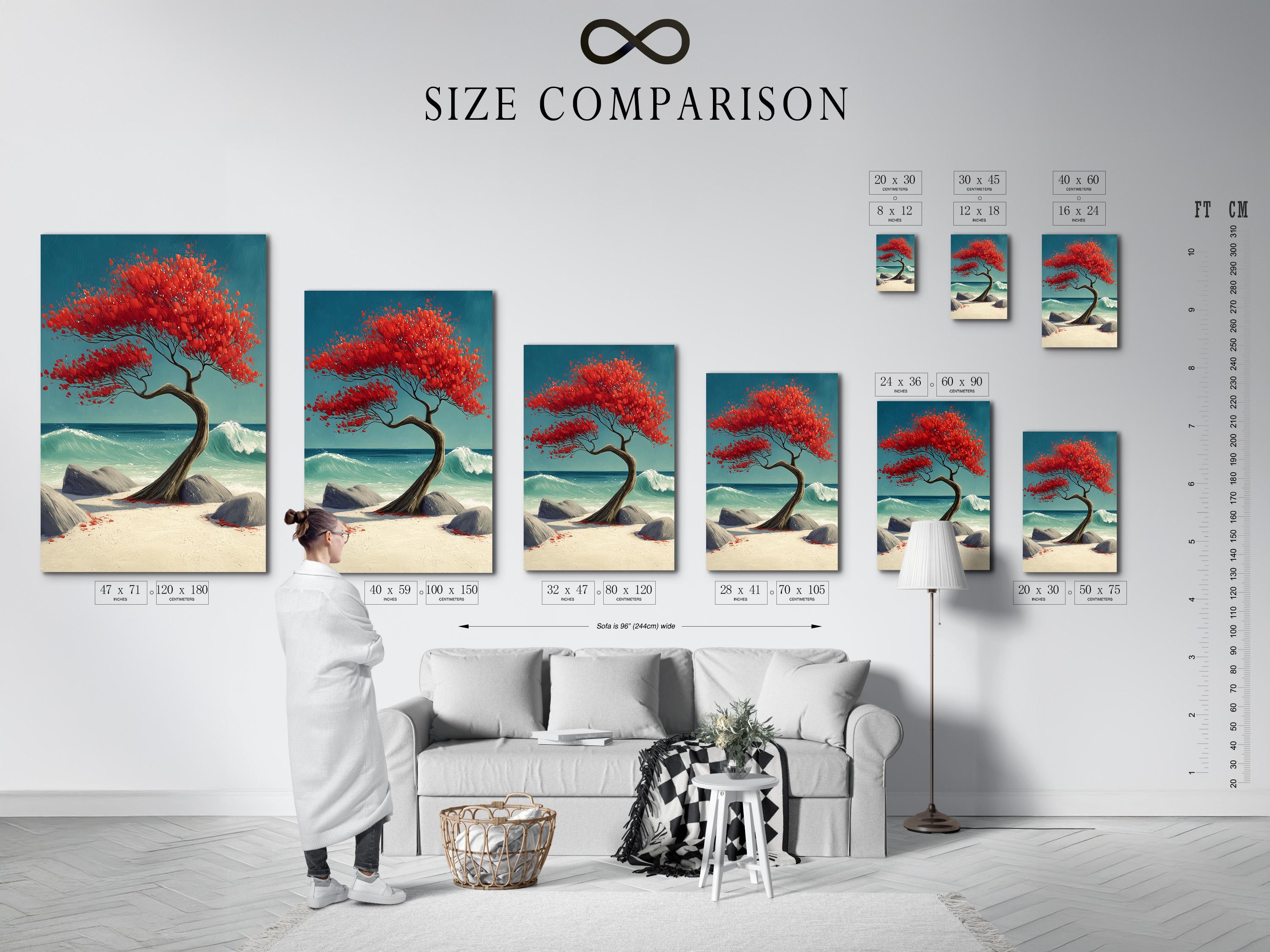 Red tree with spreading branches on a turquoise ocean beach with rocks and foamy waves detail view