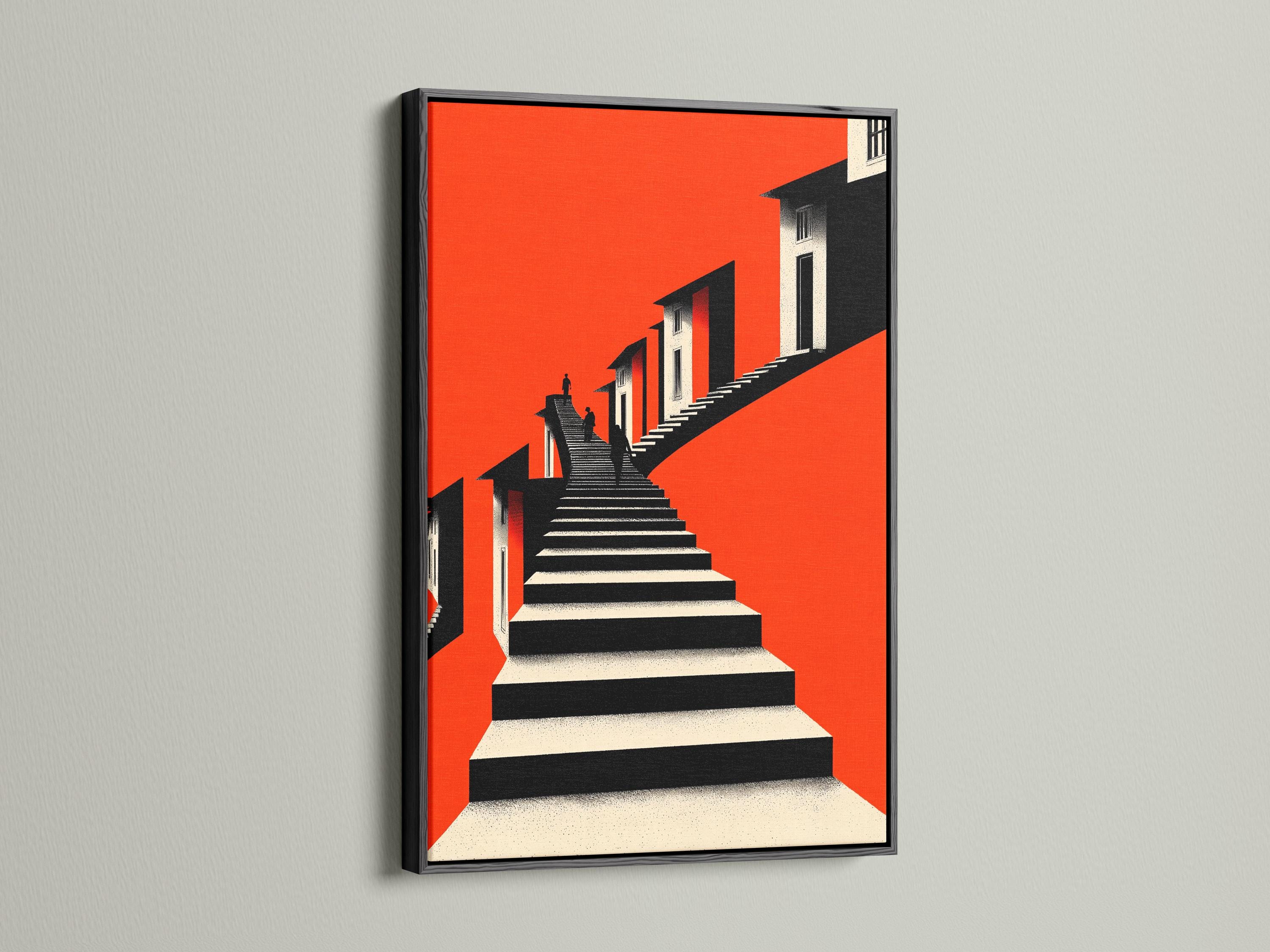 Room mockup showing a red and black geometric staircase artwork with inset views
