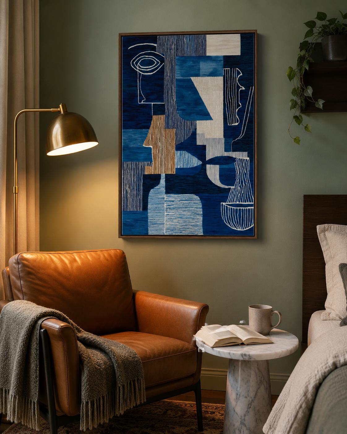 Woman holding a cup in a cafe-like space with a framed blue abstract face artwork on the wall