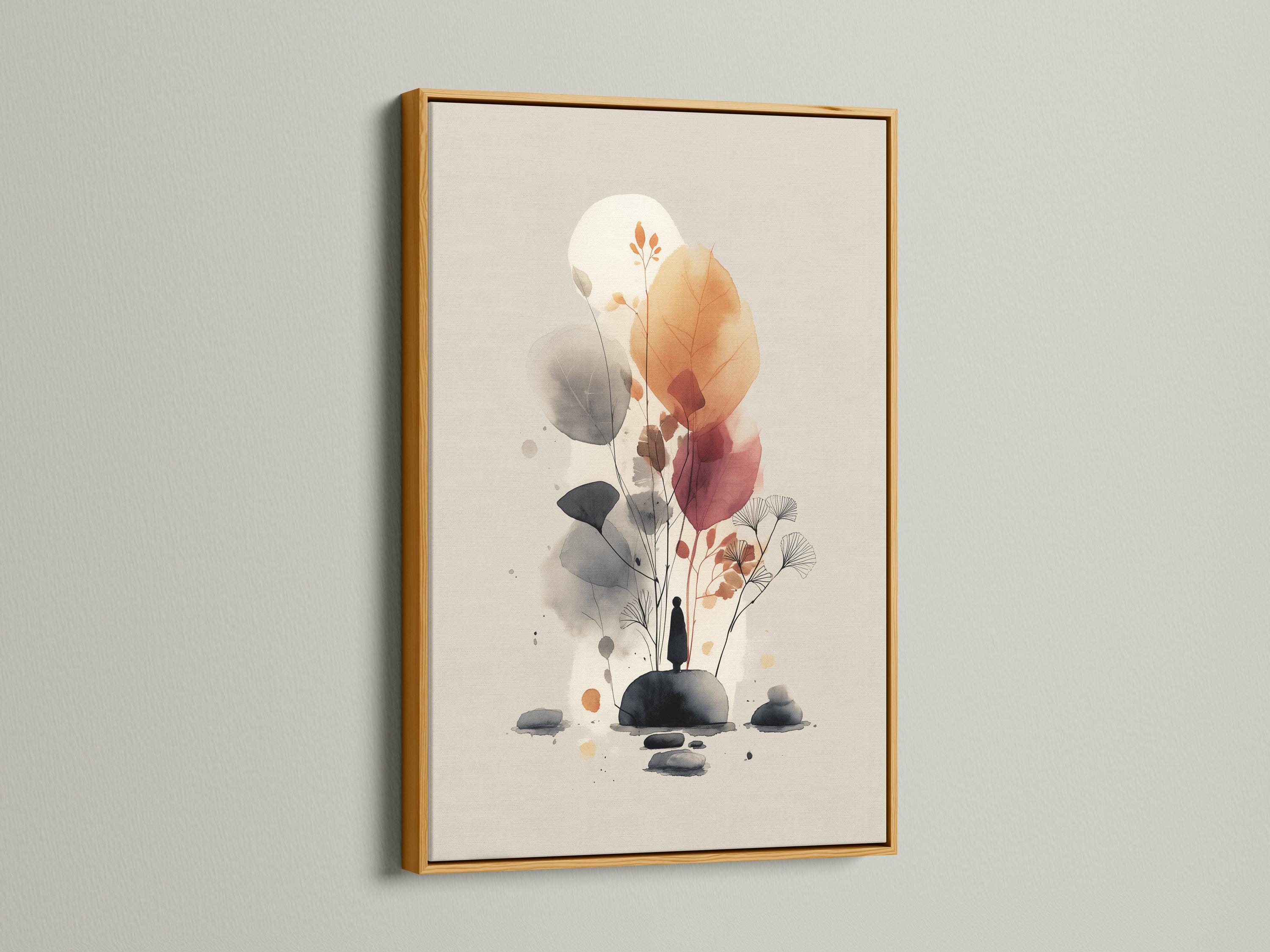 Abstract botanical artwork with watercolor-like leaves and orange flower heads on a beige background detail view