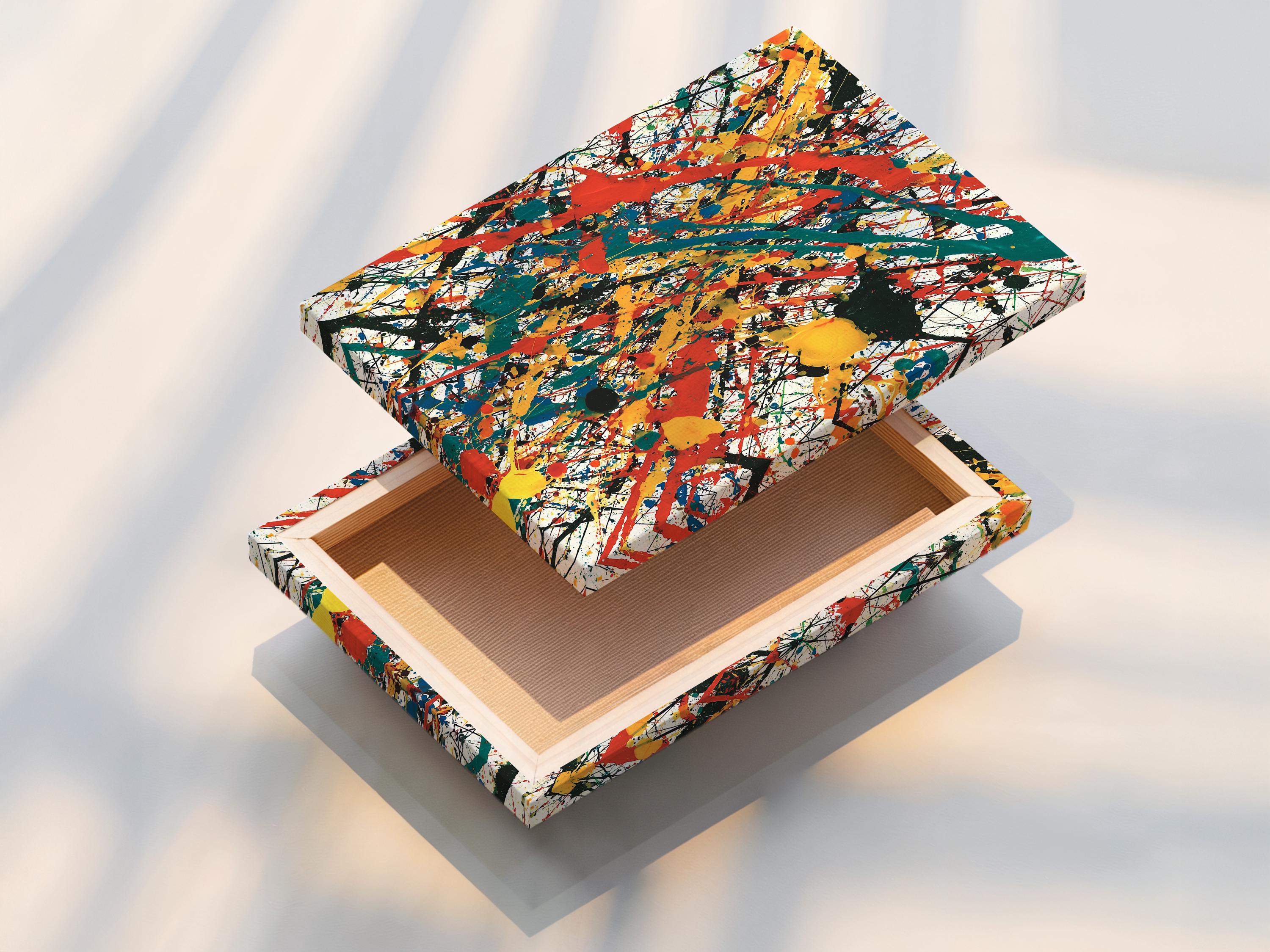 Room mockup showing an abstract expressionist artwork with red, teal, yellow and black splatters