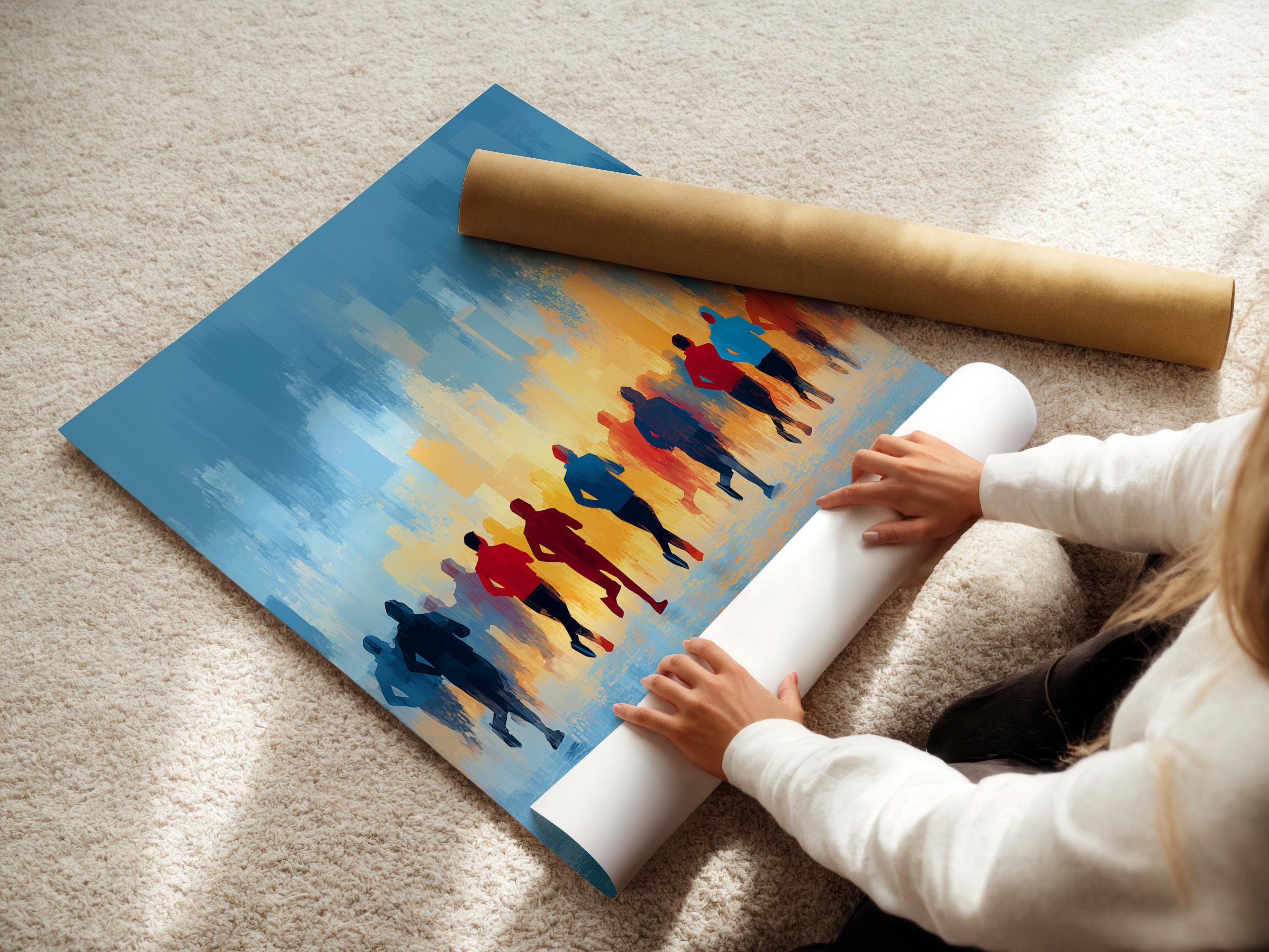 Abstract runners silhouette scene with blue skyline and warm orange horizon glow detail view