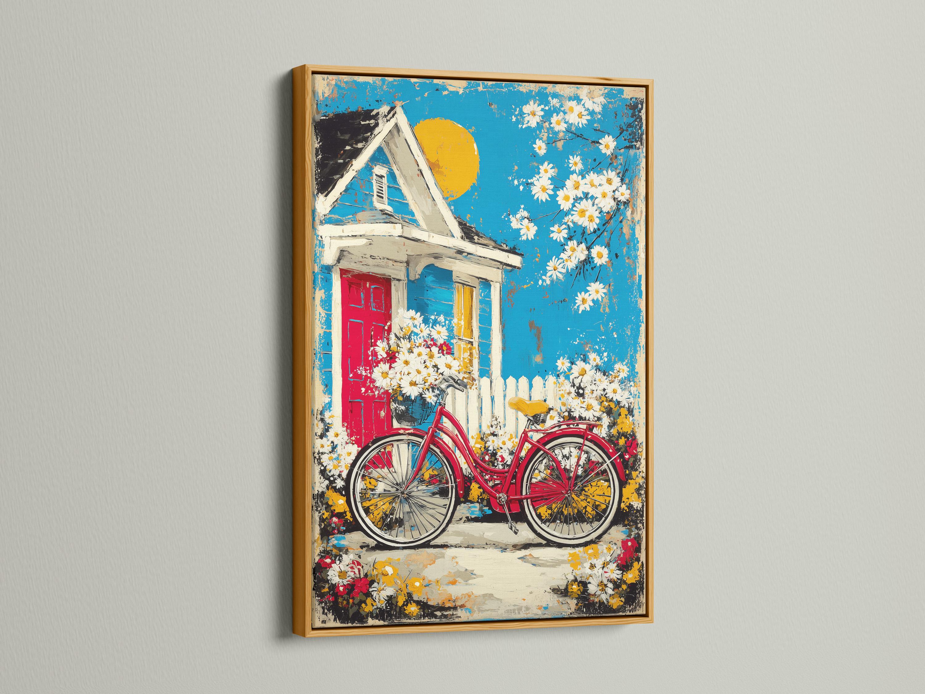 Red bicycle and daisies in front of a cottage house under a bright blue sky detail view