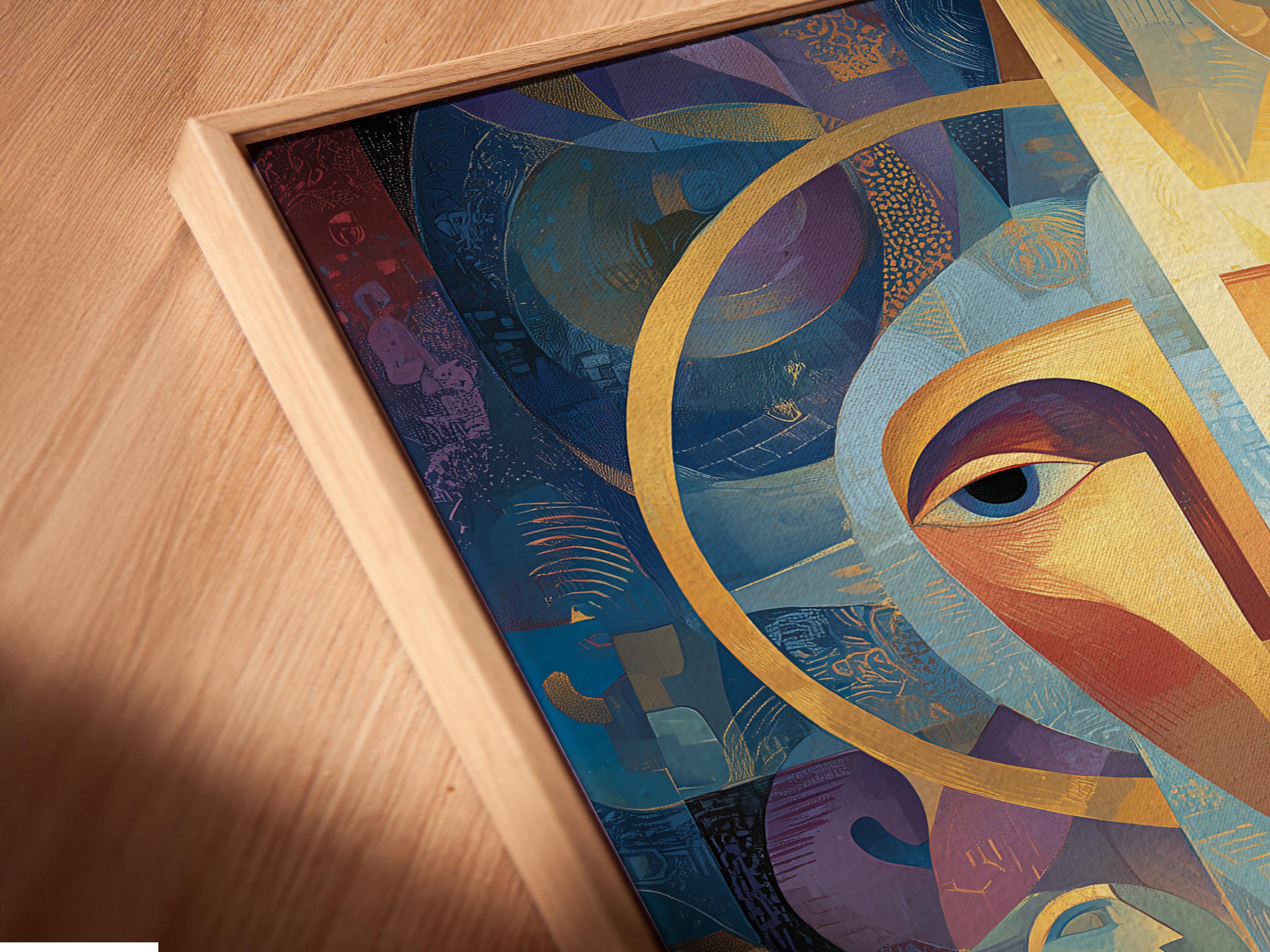 An abstract, geometric portrait of a woman-like face dominates the centre, with blue, gold and coral shapes layered across a textured background