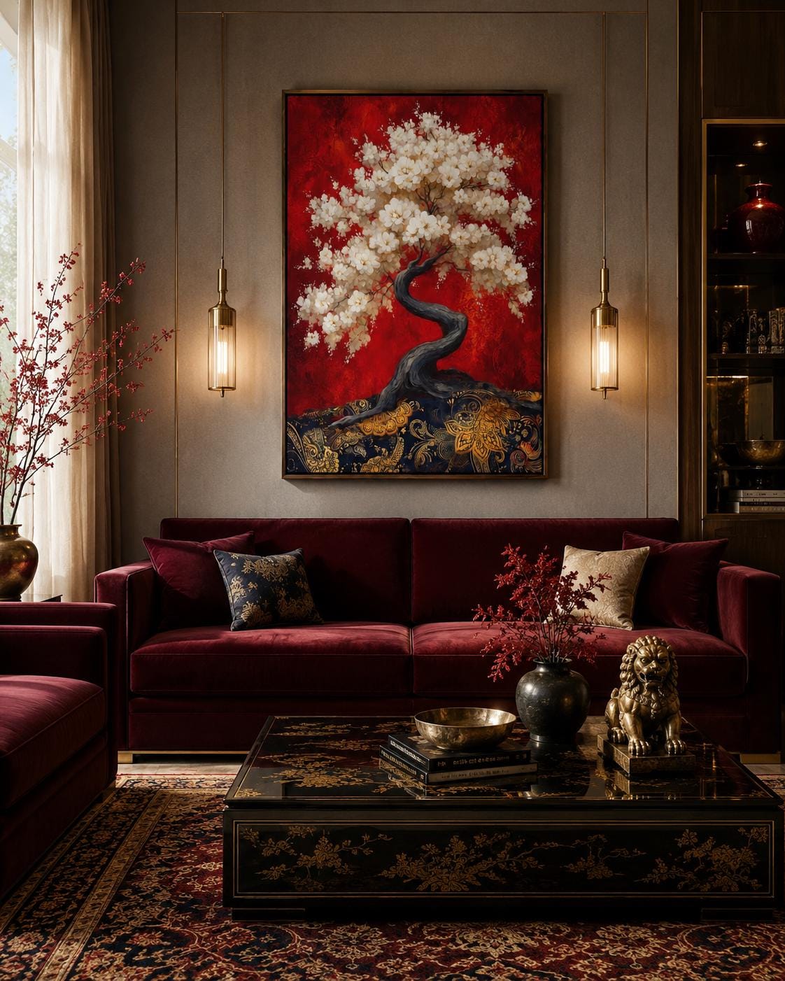 Spa reception scene with a woman seated at a reception desk and a cherry blossom tree artwork on the wall