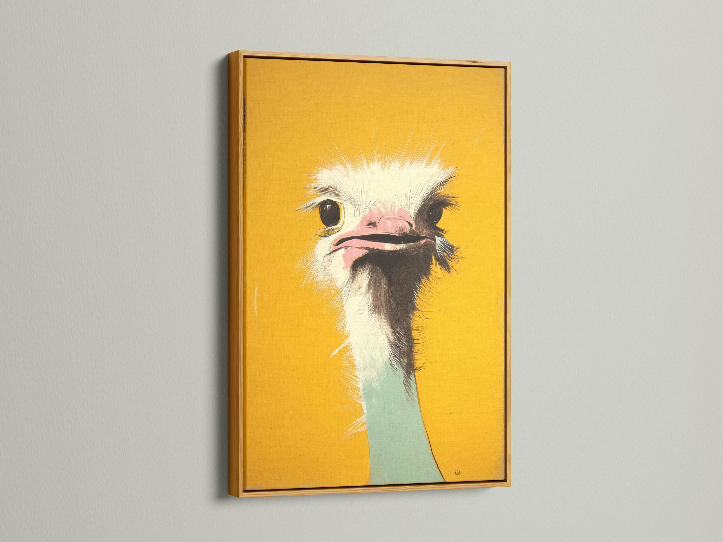 Stylised ostrich head portrait in mustard yellow with white feathers, dark eyes and a pink beak interior detail view