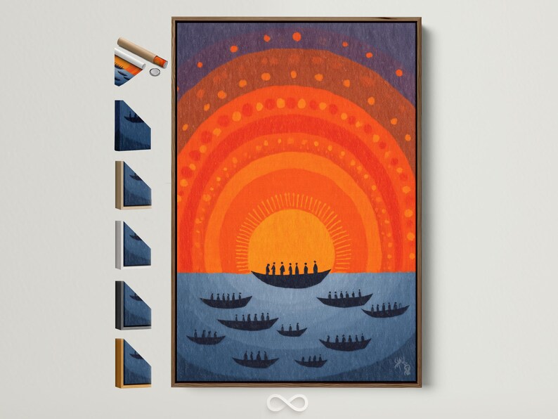 Abstract boats and sunset arcs in orange and navy with a purple dotted sky