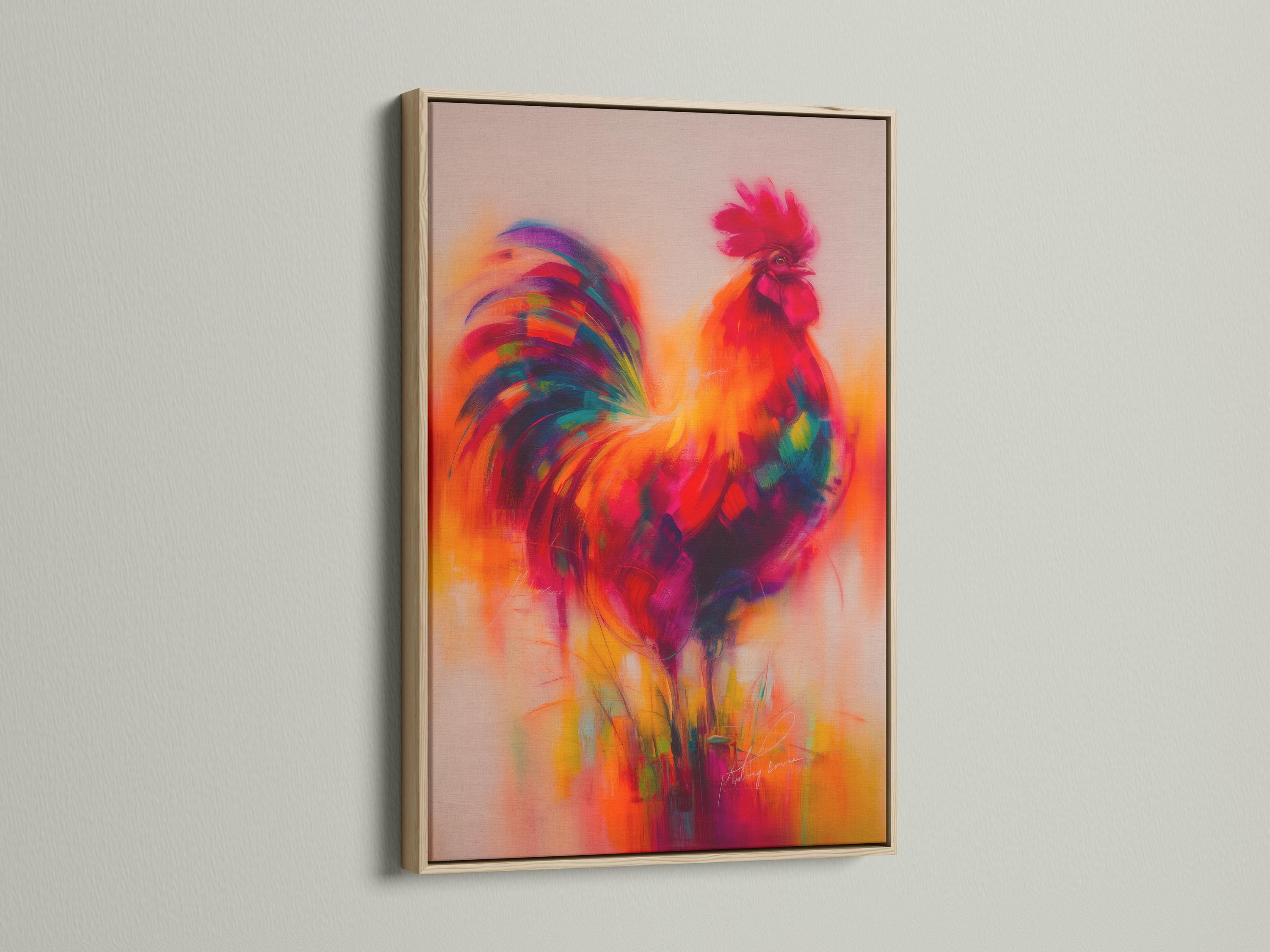 A framed rooster wall artwork in warm orange, pink, and purple colours on a white background