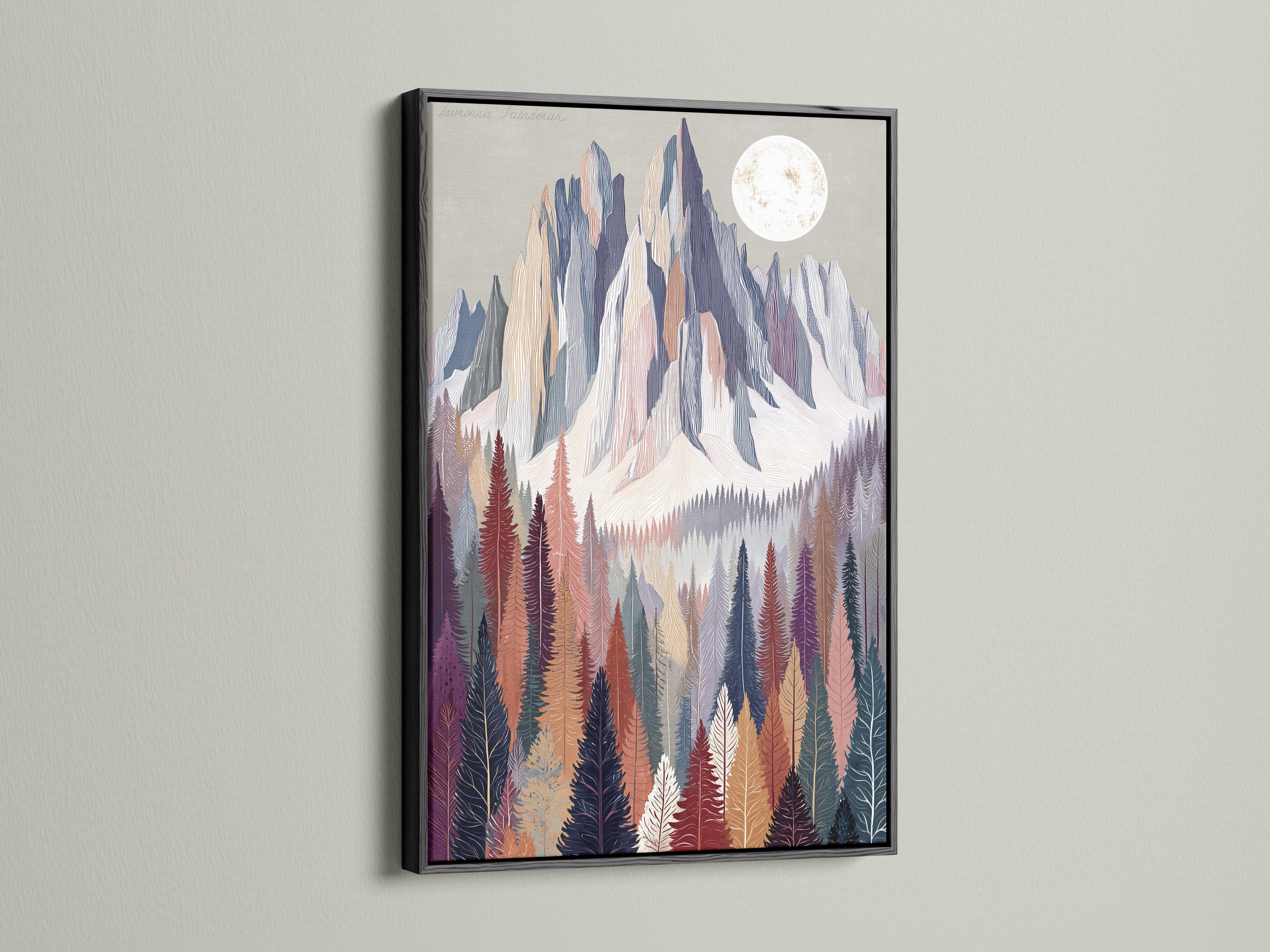 Pastel mountain and conifer forest landscape with a pale moon in the sky detail view