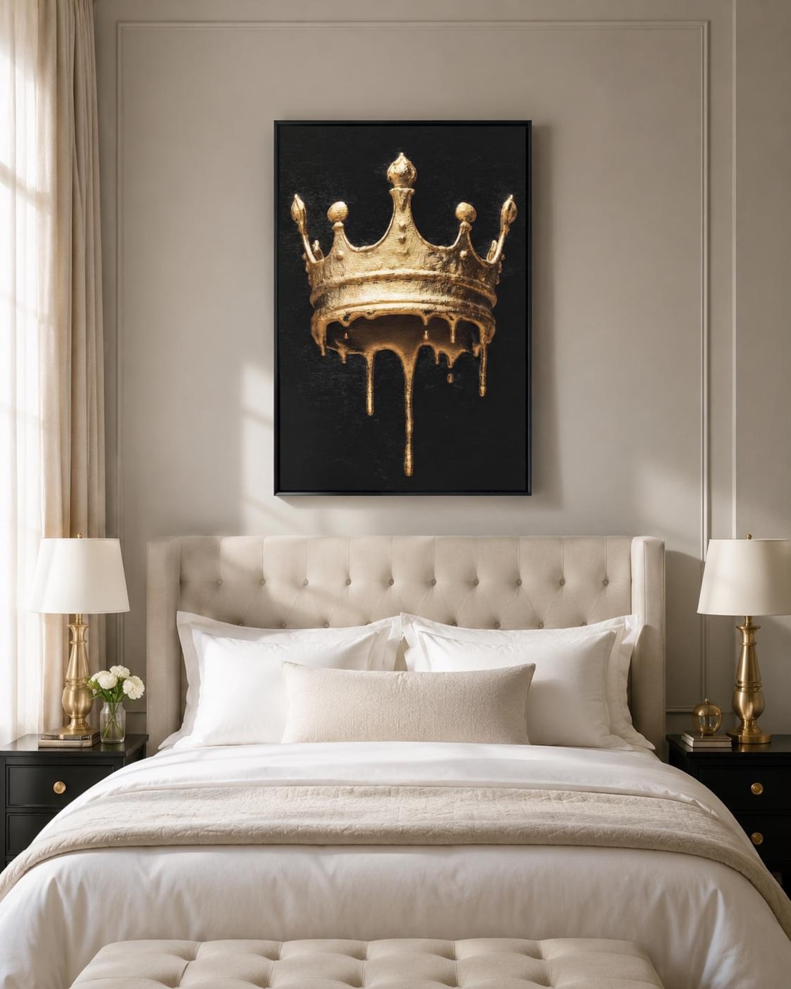 Person in a clothing store viewing a black-and-gold crown artwork on a gallery wall