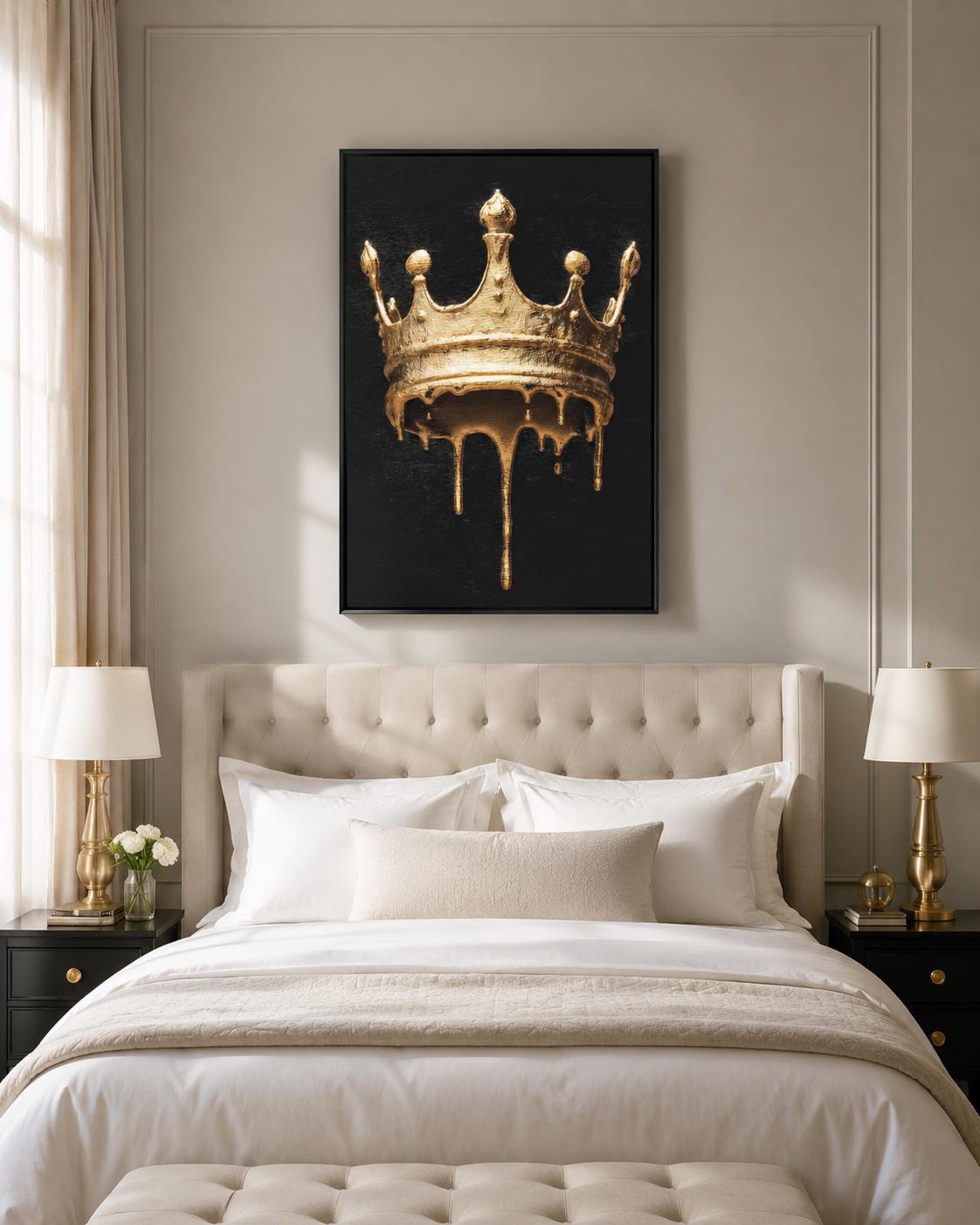 Person in a clothing store viewing a black-and-gold crown artwork on a gallery wall