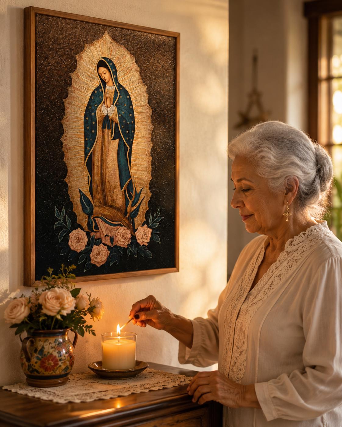 Woman praying beside a framed Virgin Mary portrait on a wall above a table with candles and flowers