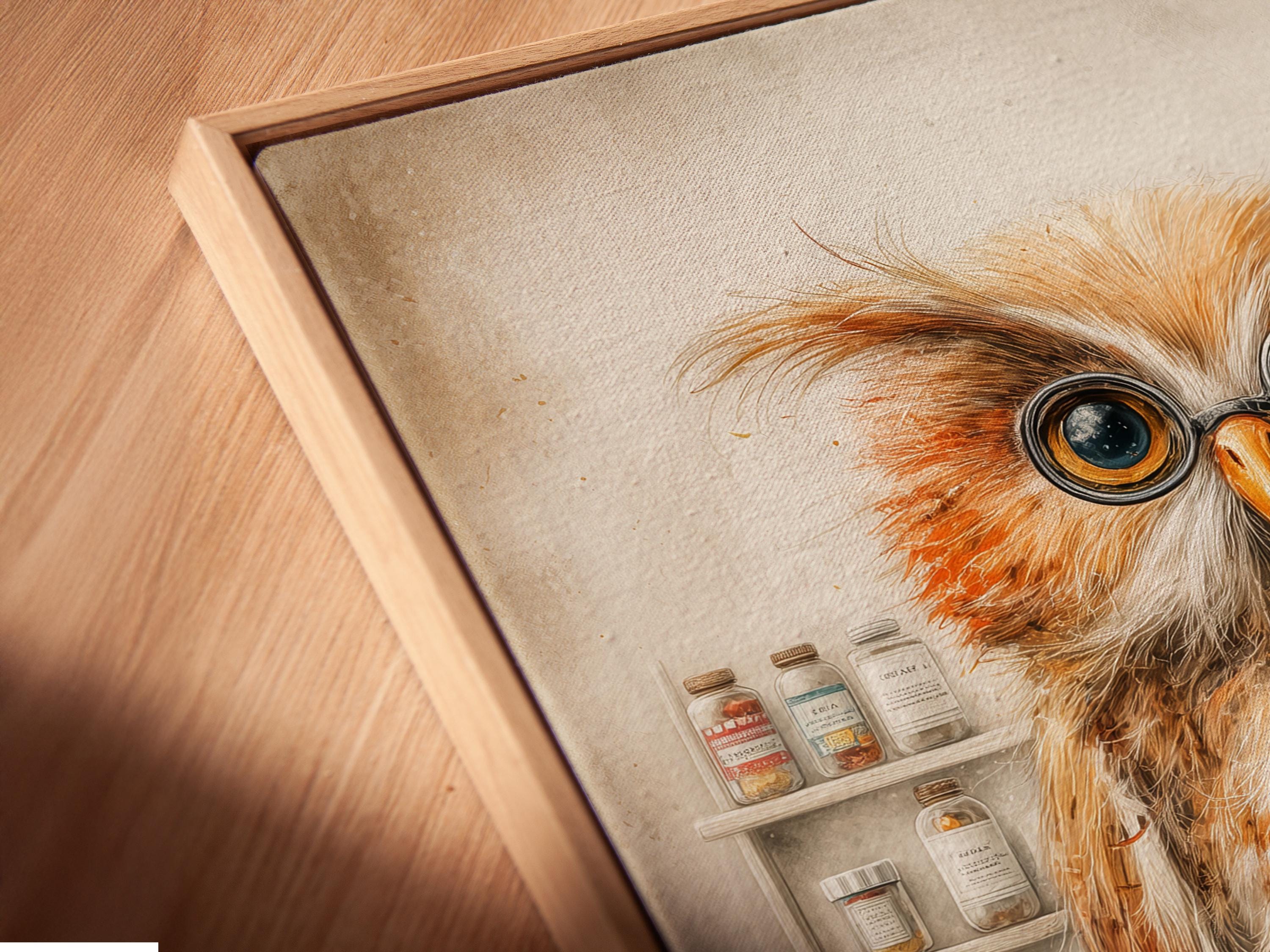 Bespectacled owl with round glasses in a vintage apothecary scene with shelves of jars and teal drawers detail view