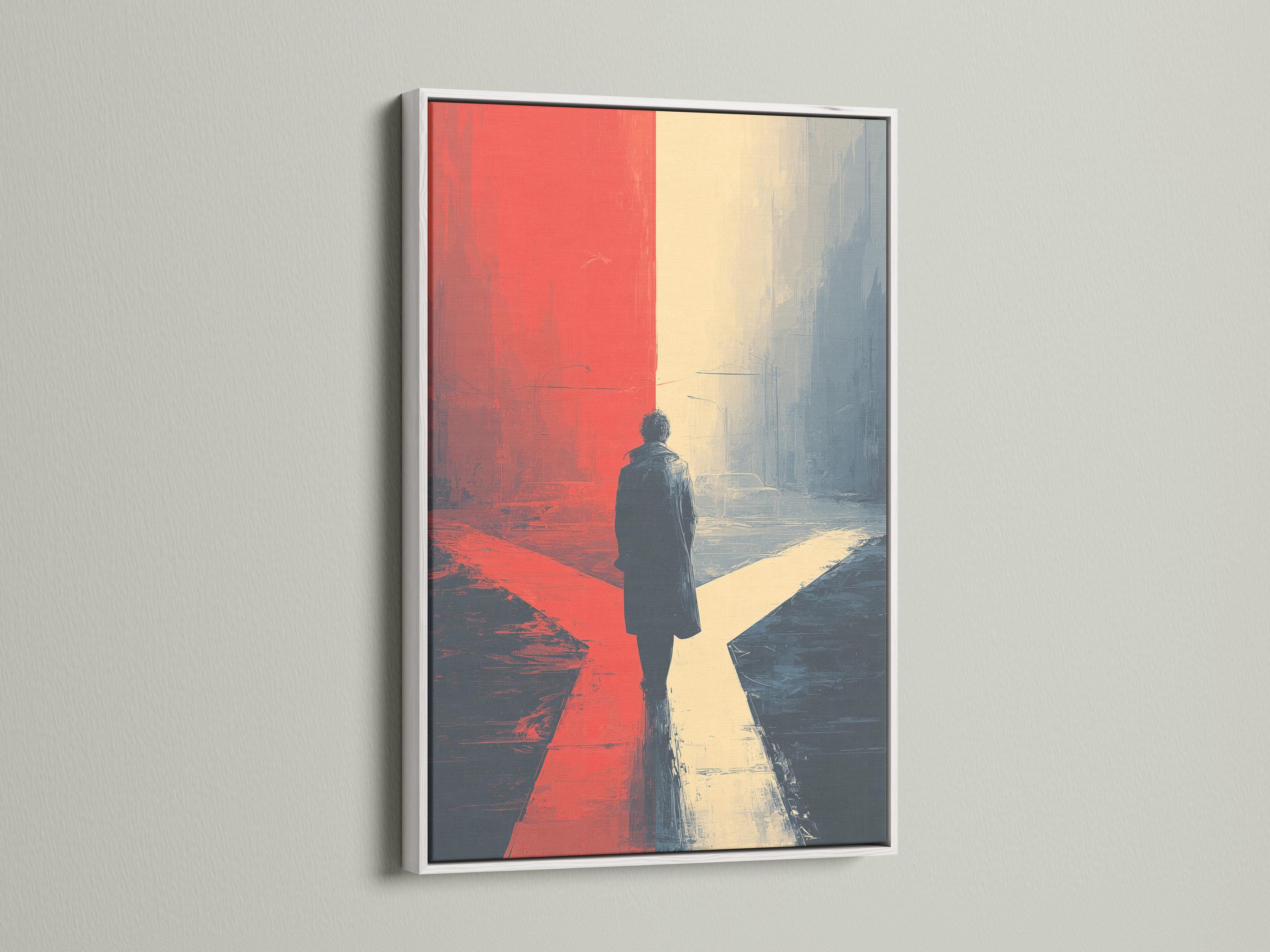 Portrait artwork showing a solitary figure walking away through a red and blue urban-style scene detail view