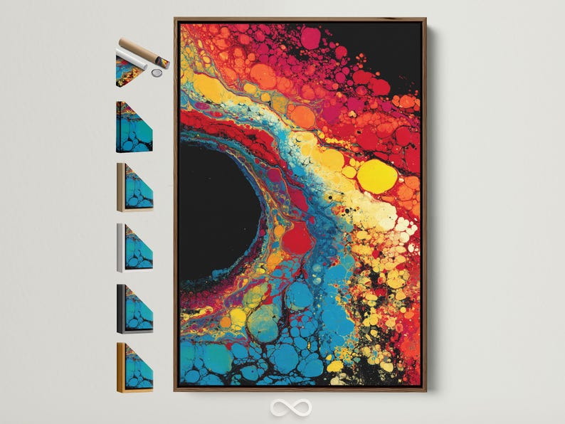 Fluid abstract artwork with red, blue, yellow and black bubble-like cells