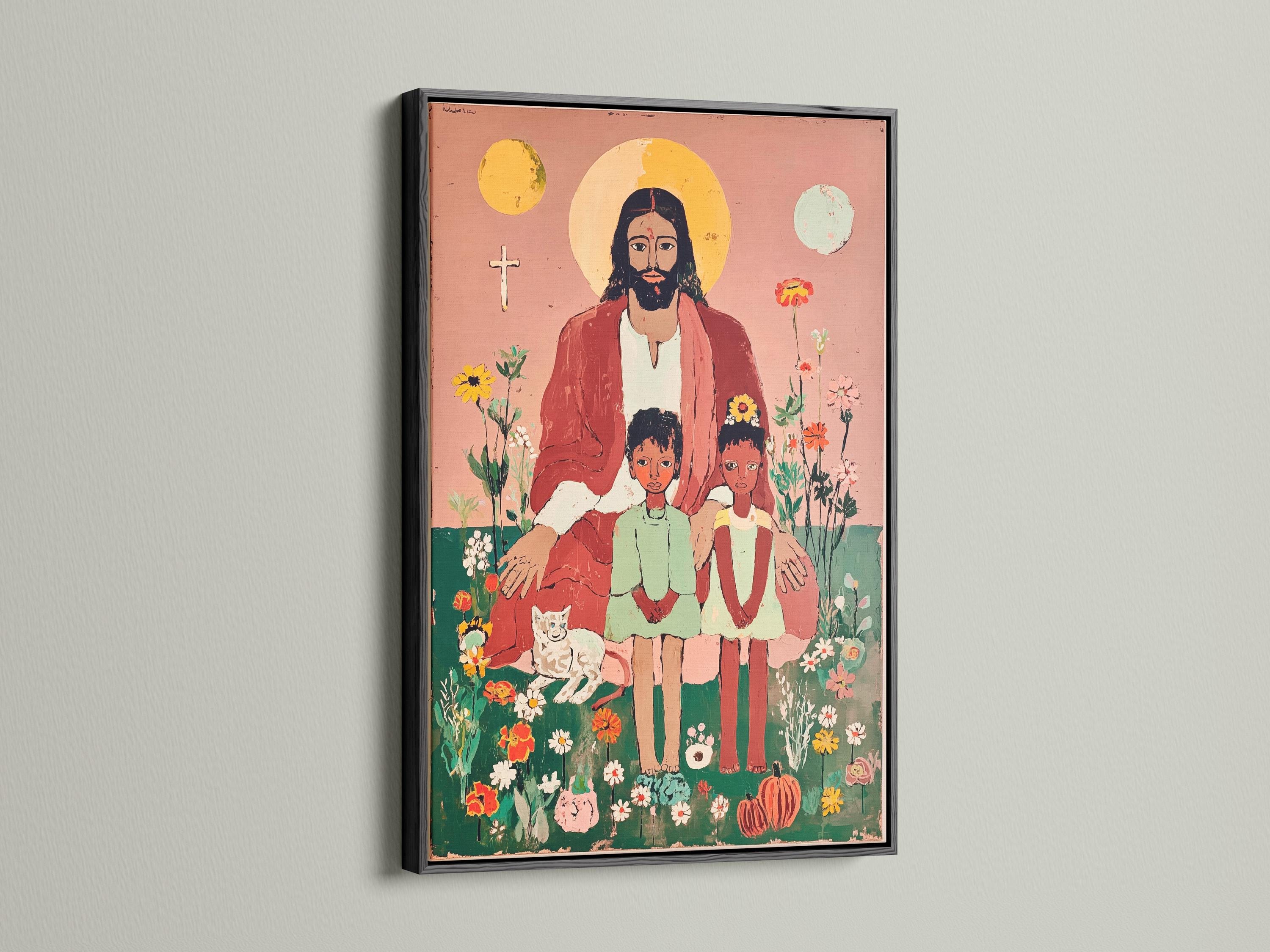 Folk-art illustration of Jesus with a pale halo, two children, and many flowers on a dusty pink background detail view