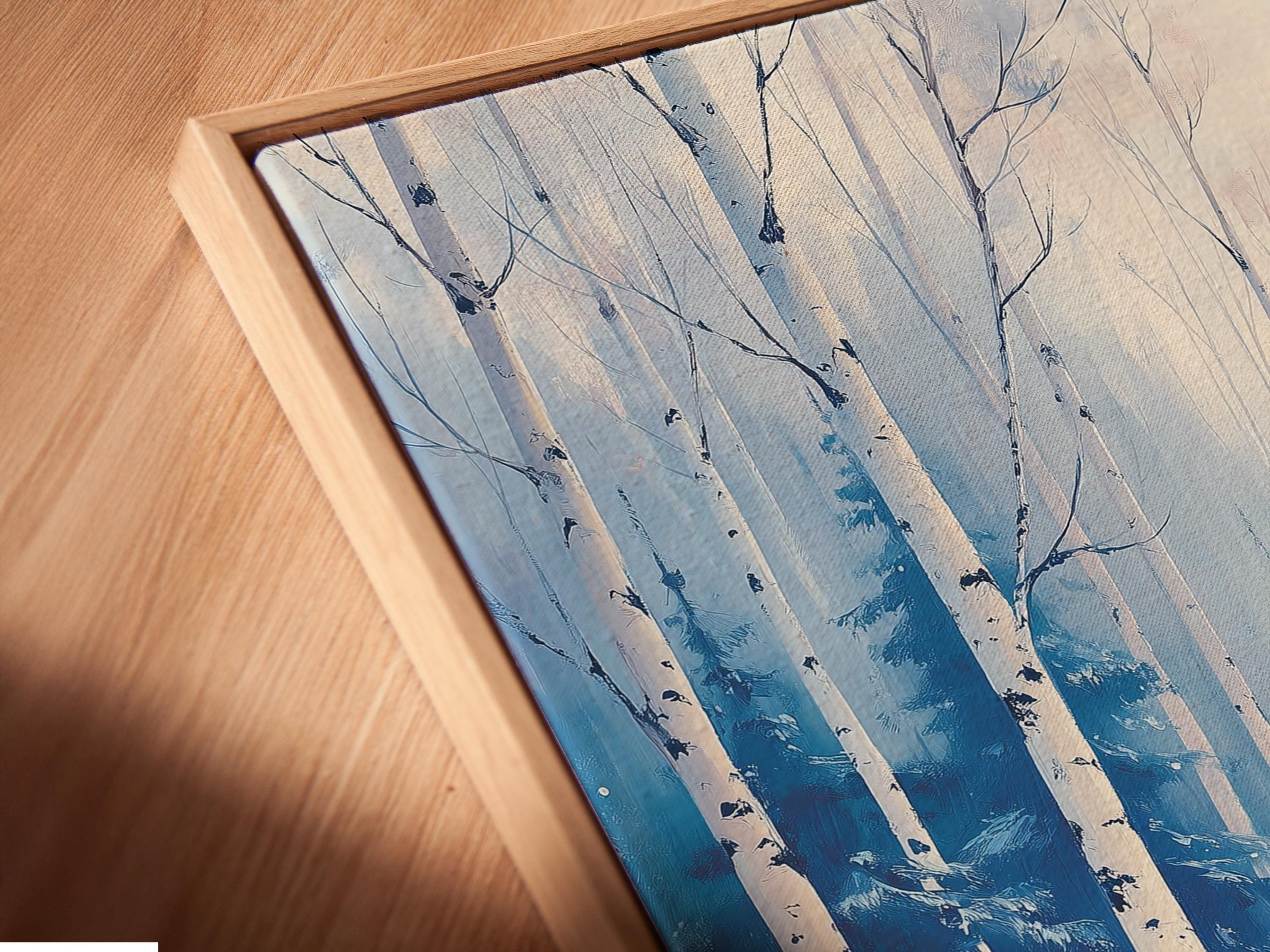 Snowy birch forest painting with pale blue trees and misty winter sky detail view