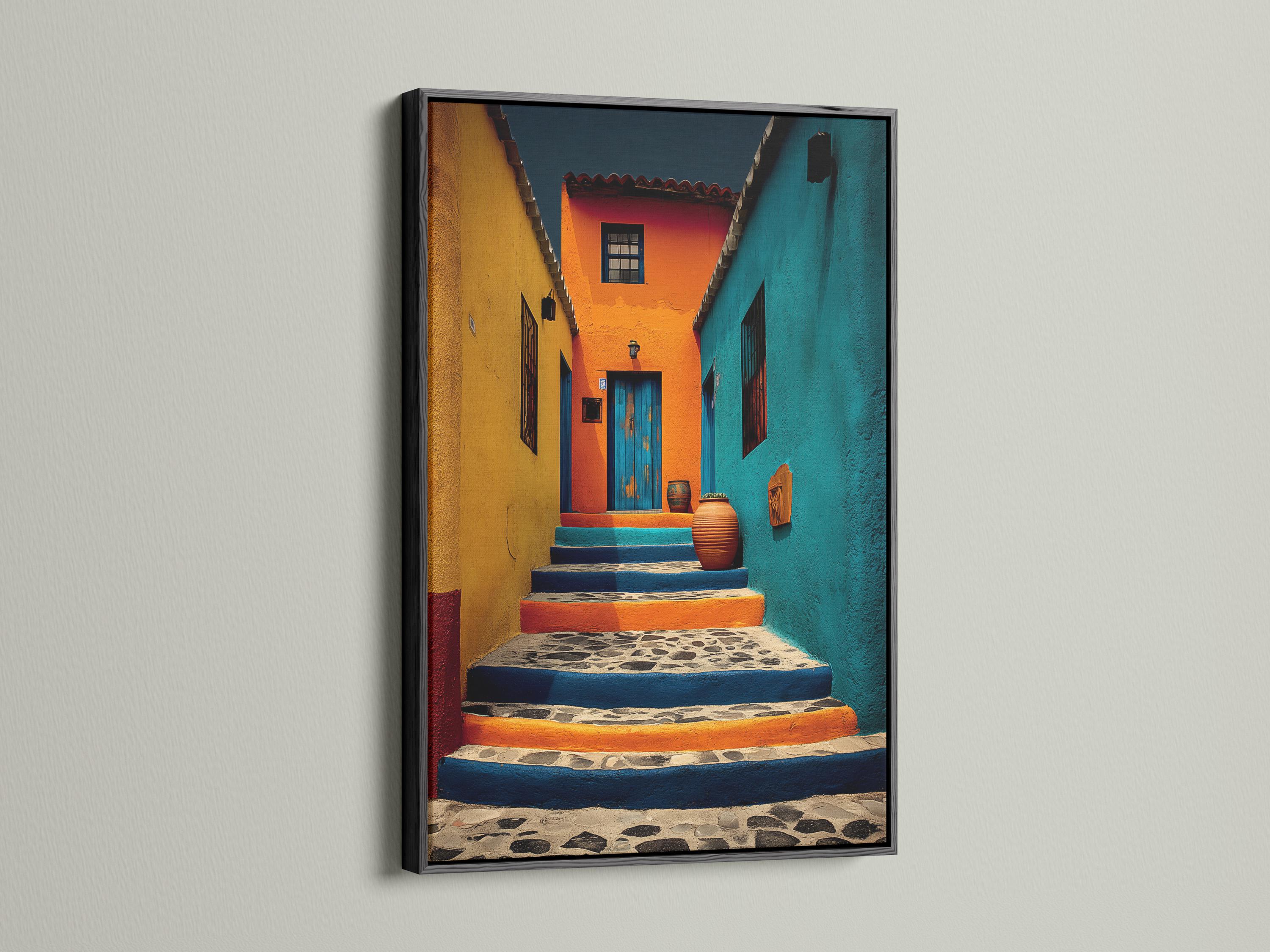 A colourful architectural courtyard scene shows sunlit steps, stucco walls and doorways in turquoise, orange and yellow tones detail view