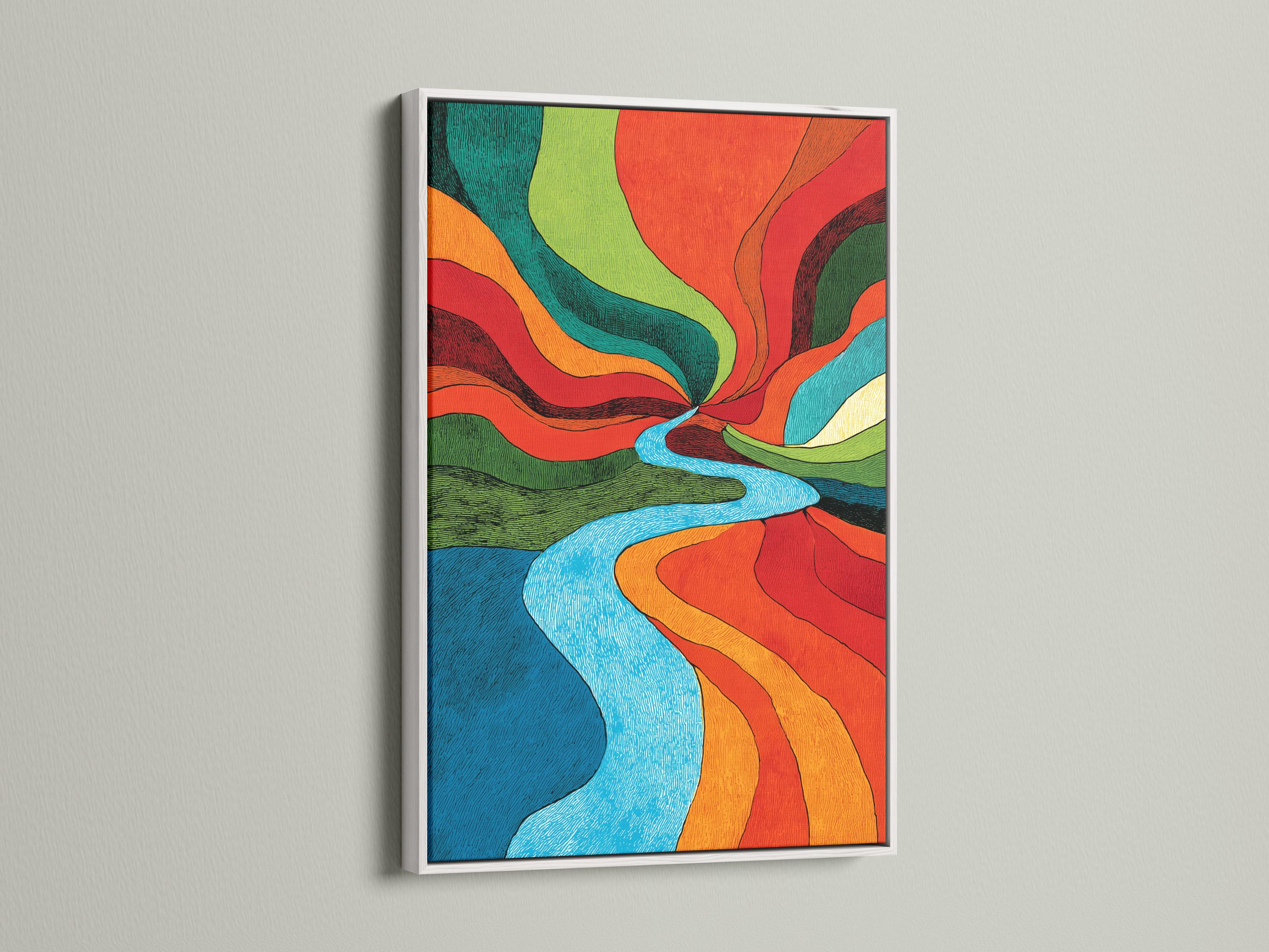 Retro abstract river artwork with bright blue water and vivid red, orange, green and teal bands detail view