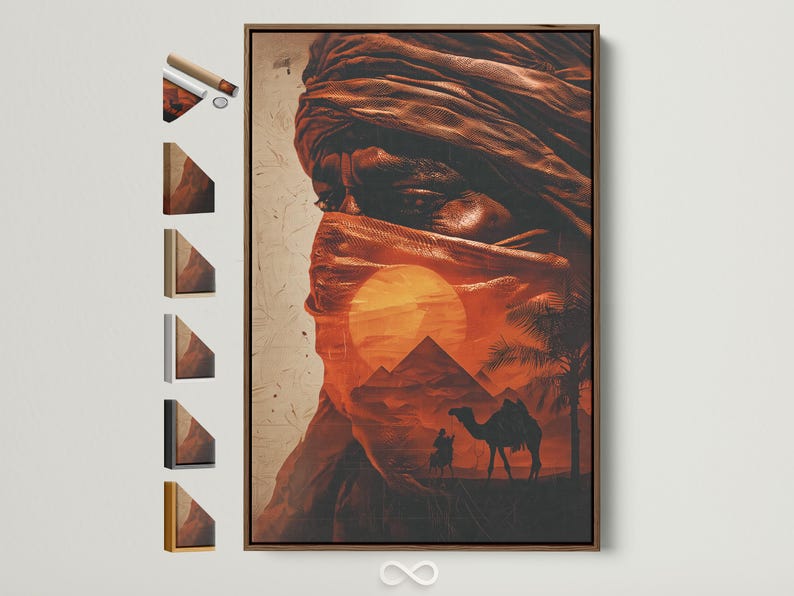 Desert camel caravan scene with a nomad figure, pyramids and palm fronds at sunset