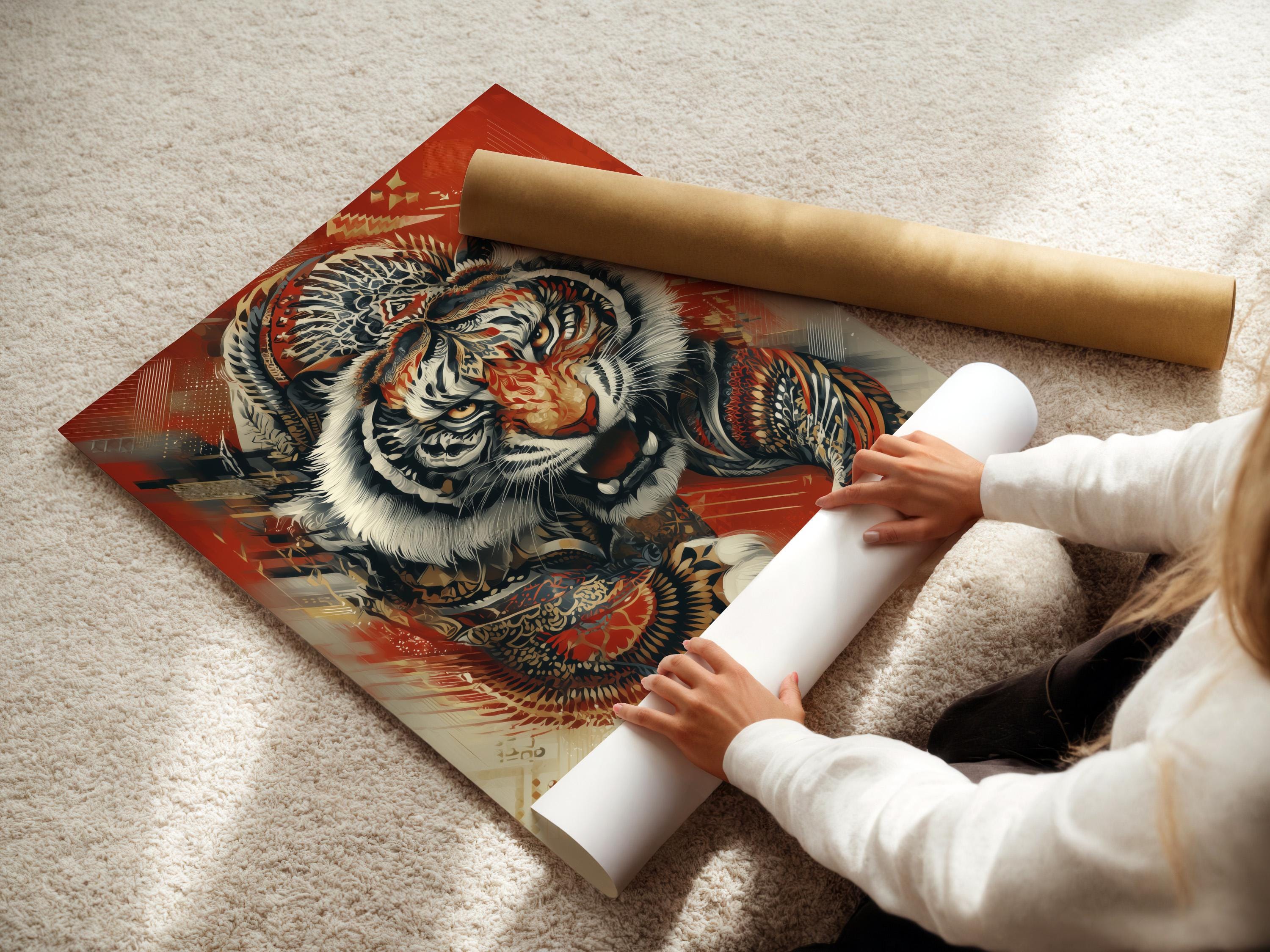Roaring tiger wall artwork shown with wall mounting options and frame mockups on a light background