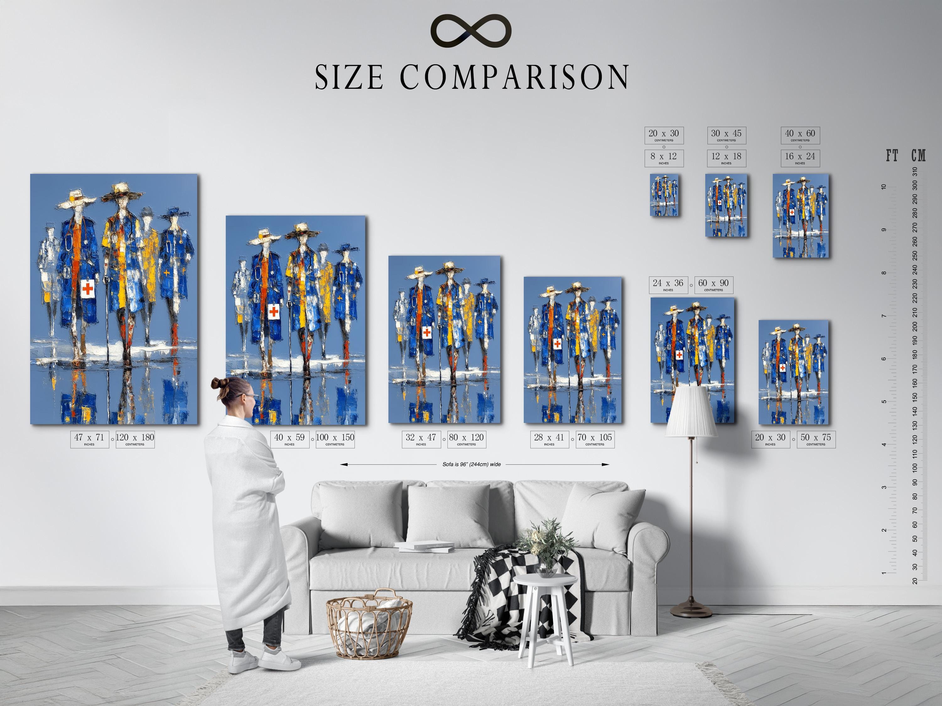Blue and yellow medical staff figures with white cross symbols in a painterly style detail view