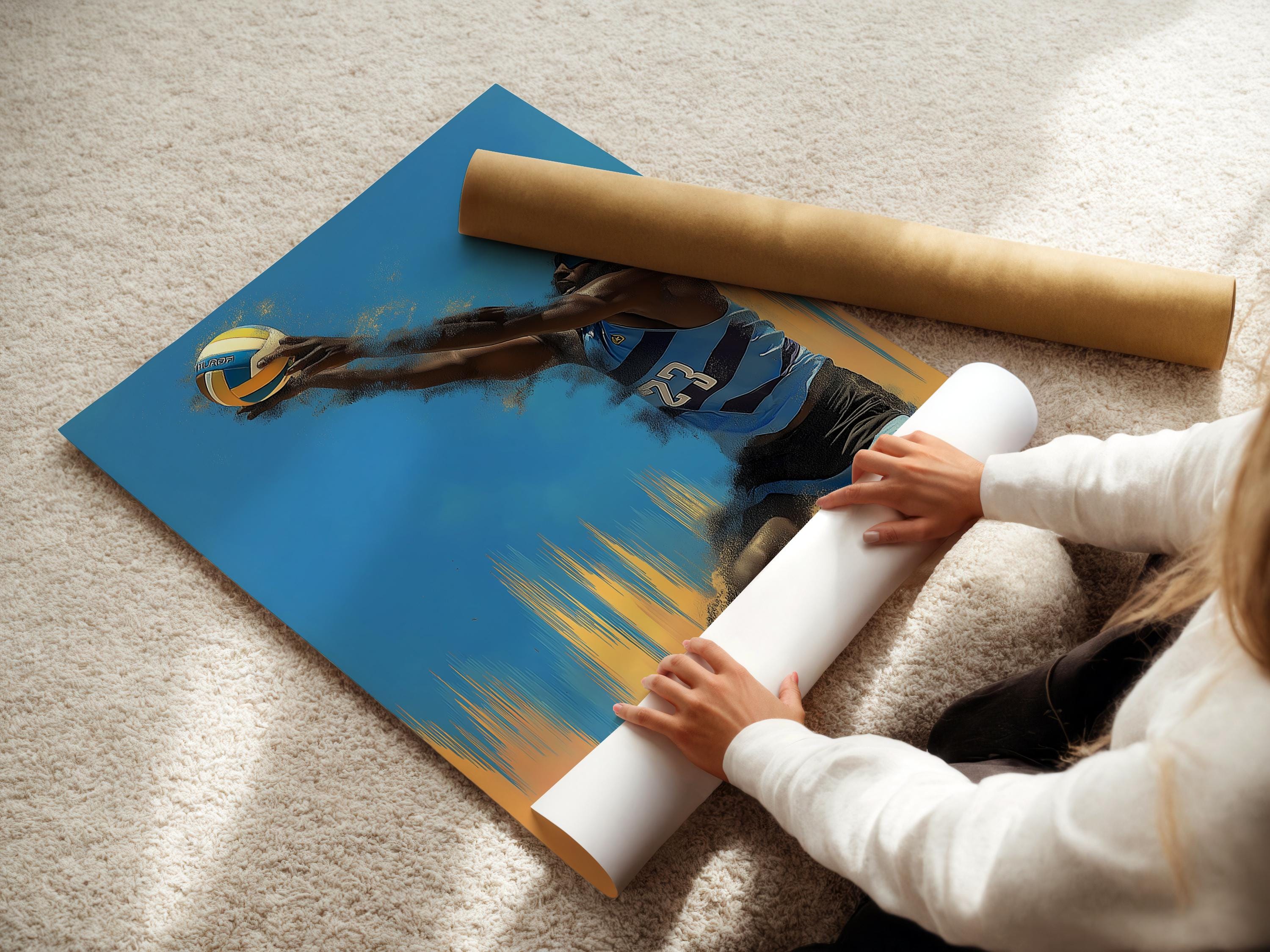Blue and gold volleyball player action illustration with a visible number 23 detail view