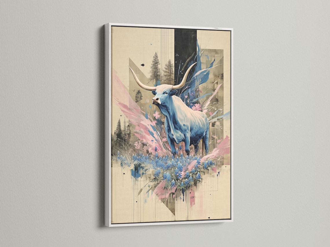 Stylised blue longhorn with horns and pink and blue flowers in a collage-like scene detail view