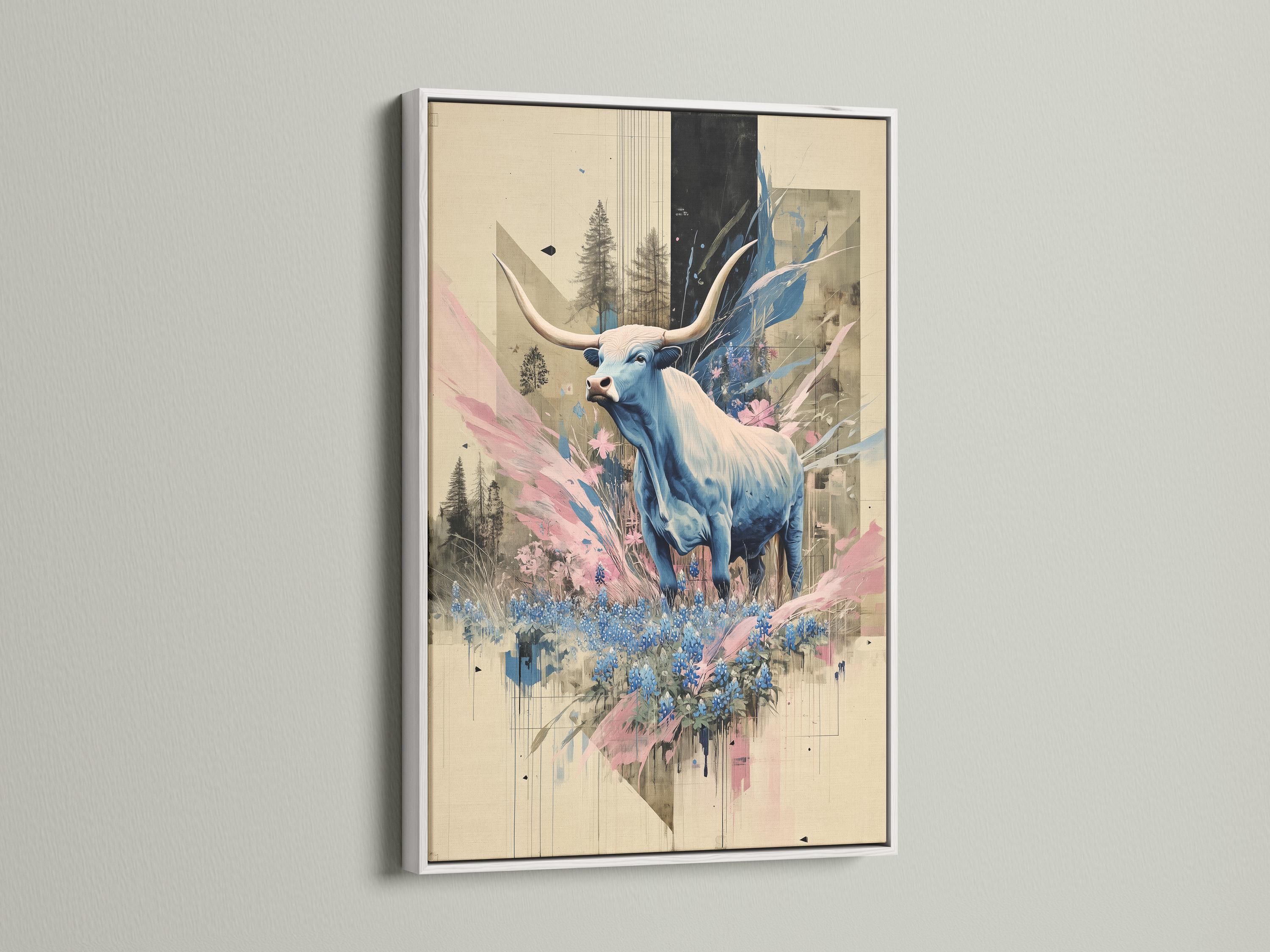 Stylised blue longhorn with horns and pink and blue flowers in a collage-like scene detail view