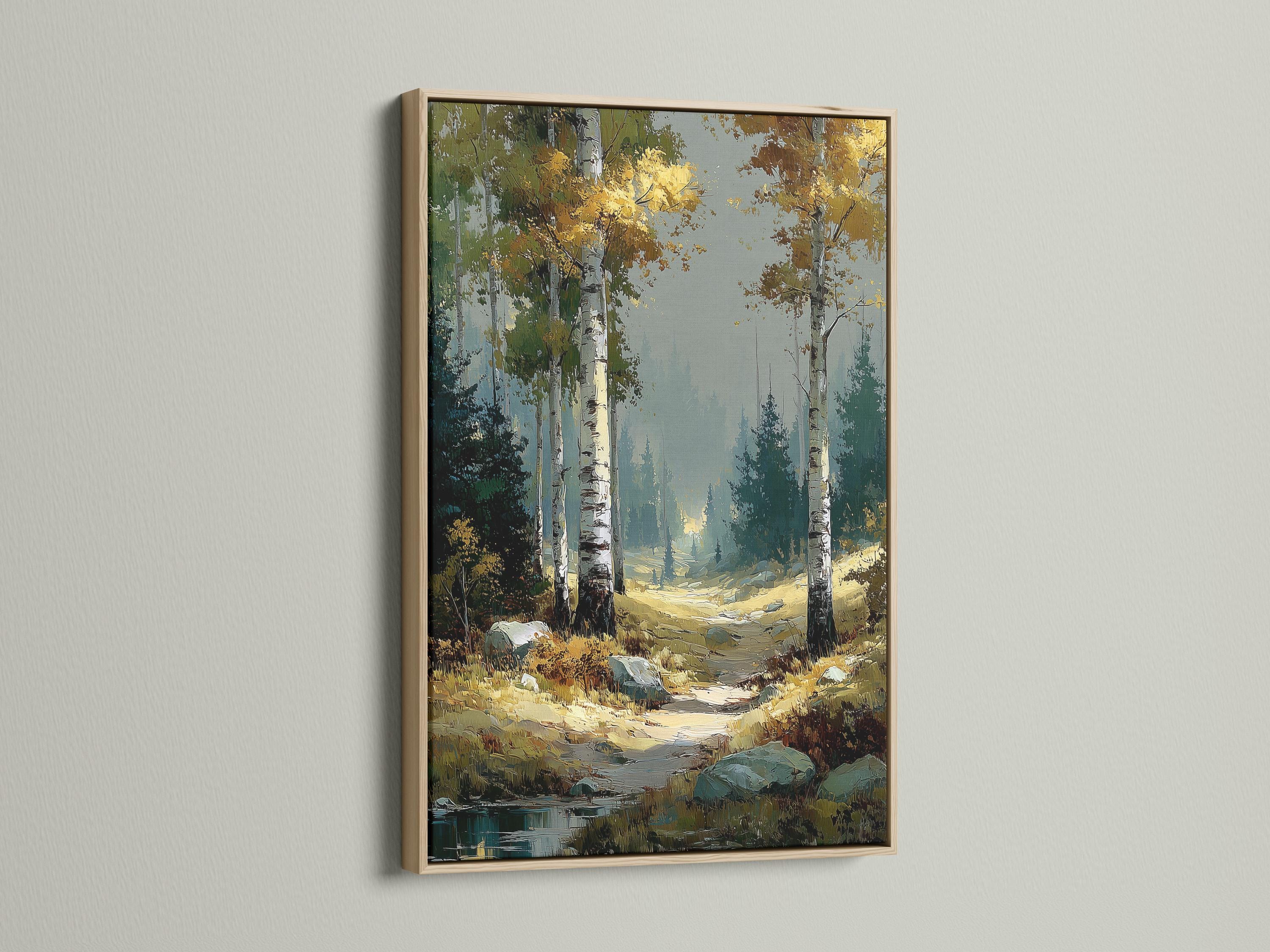 Painterly autumn birch forest landscape with tall tree trunks and a winding woodland path detail view