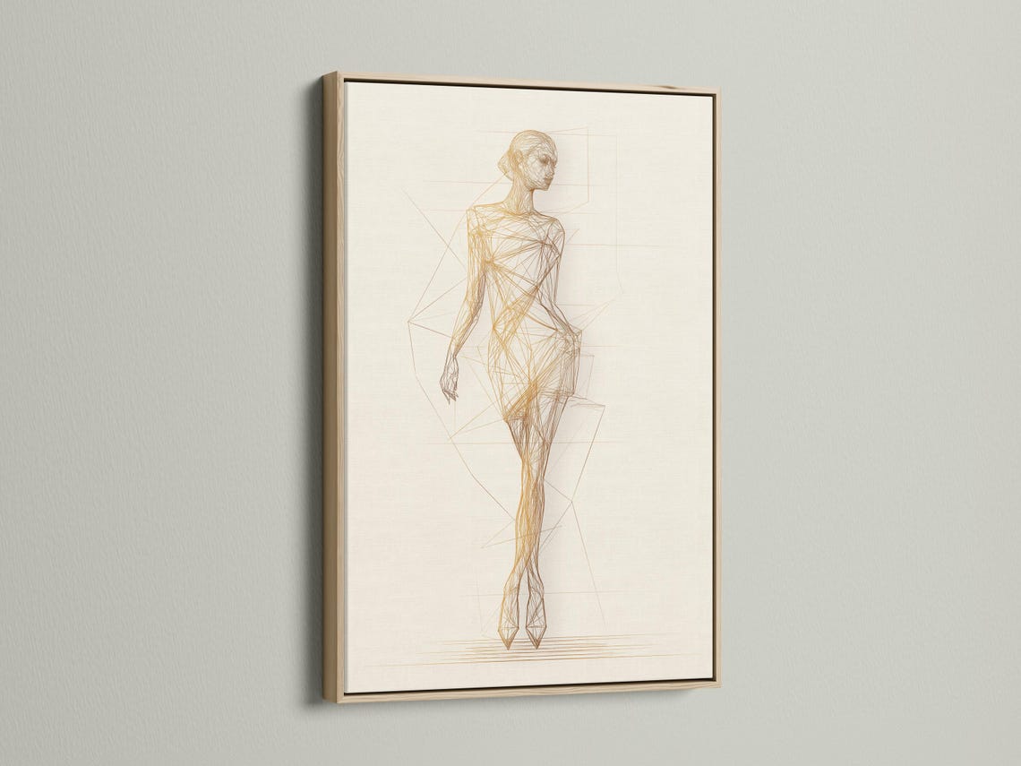 Minimalist gold line drawing of a standing woman with faint geometric grid lines detail view
