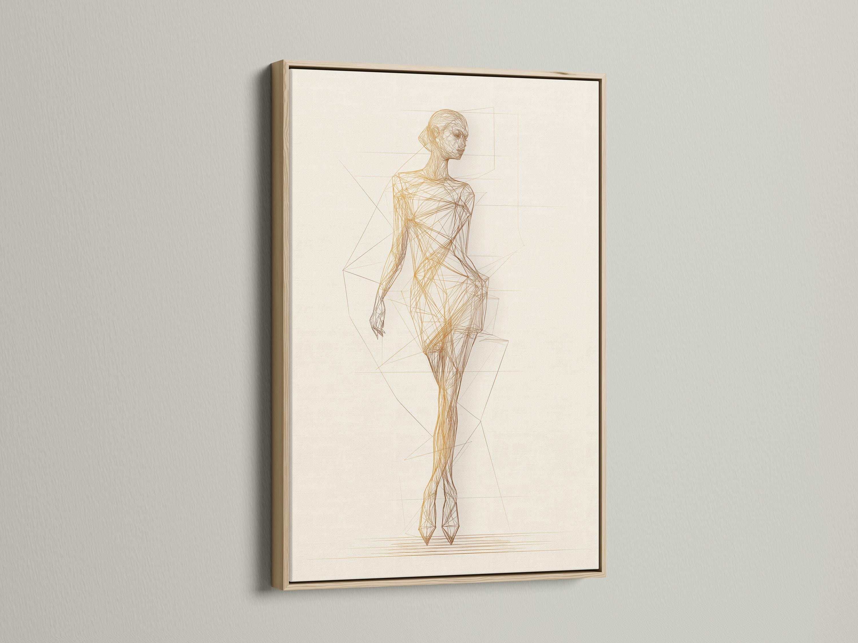 Minimalist gold line drawing of a standing woman with faint geometric grid lines detail view