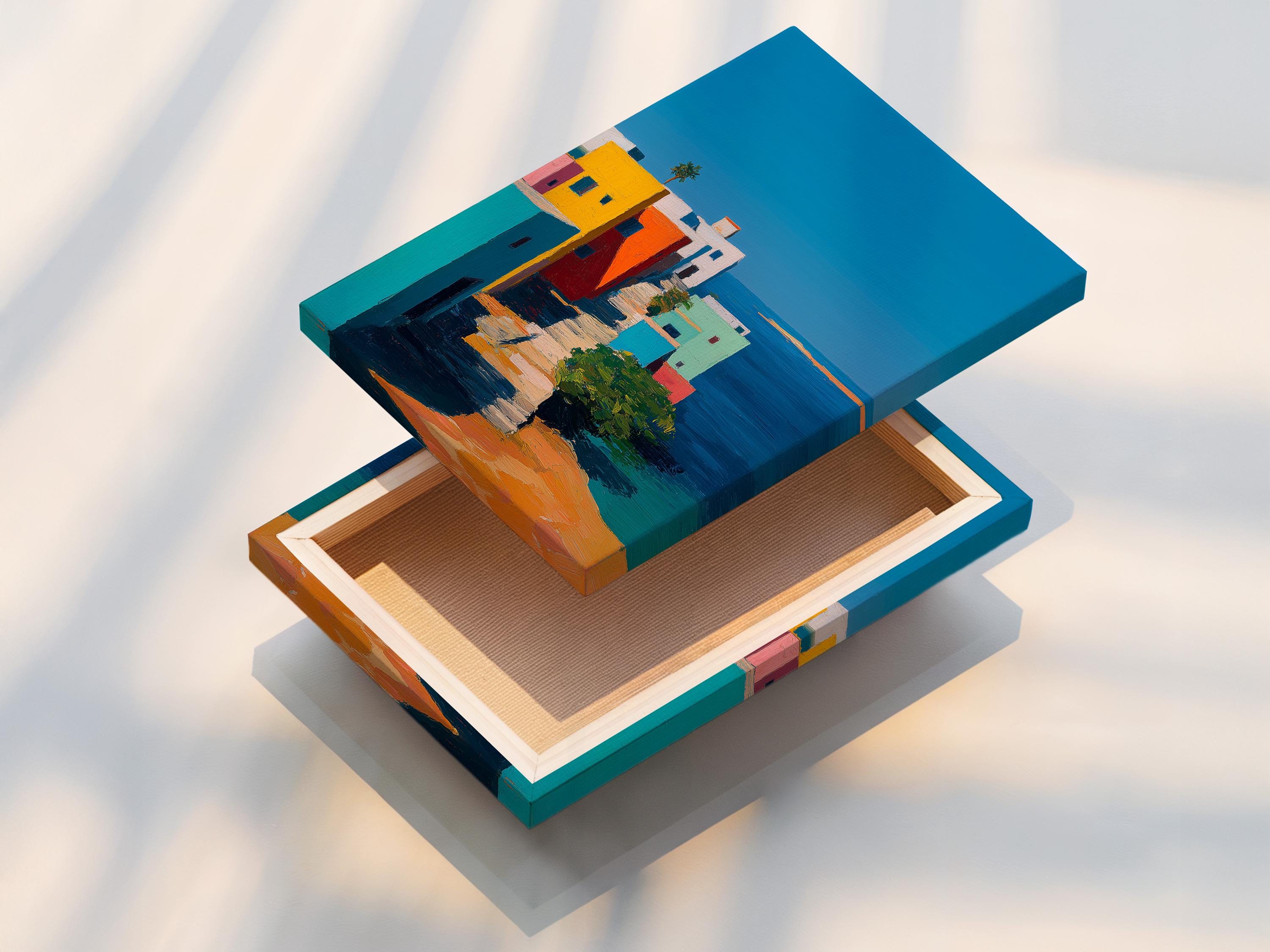 Wall mockup showing a framed coastal village artwork with colourful buildings and blue sky